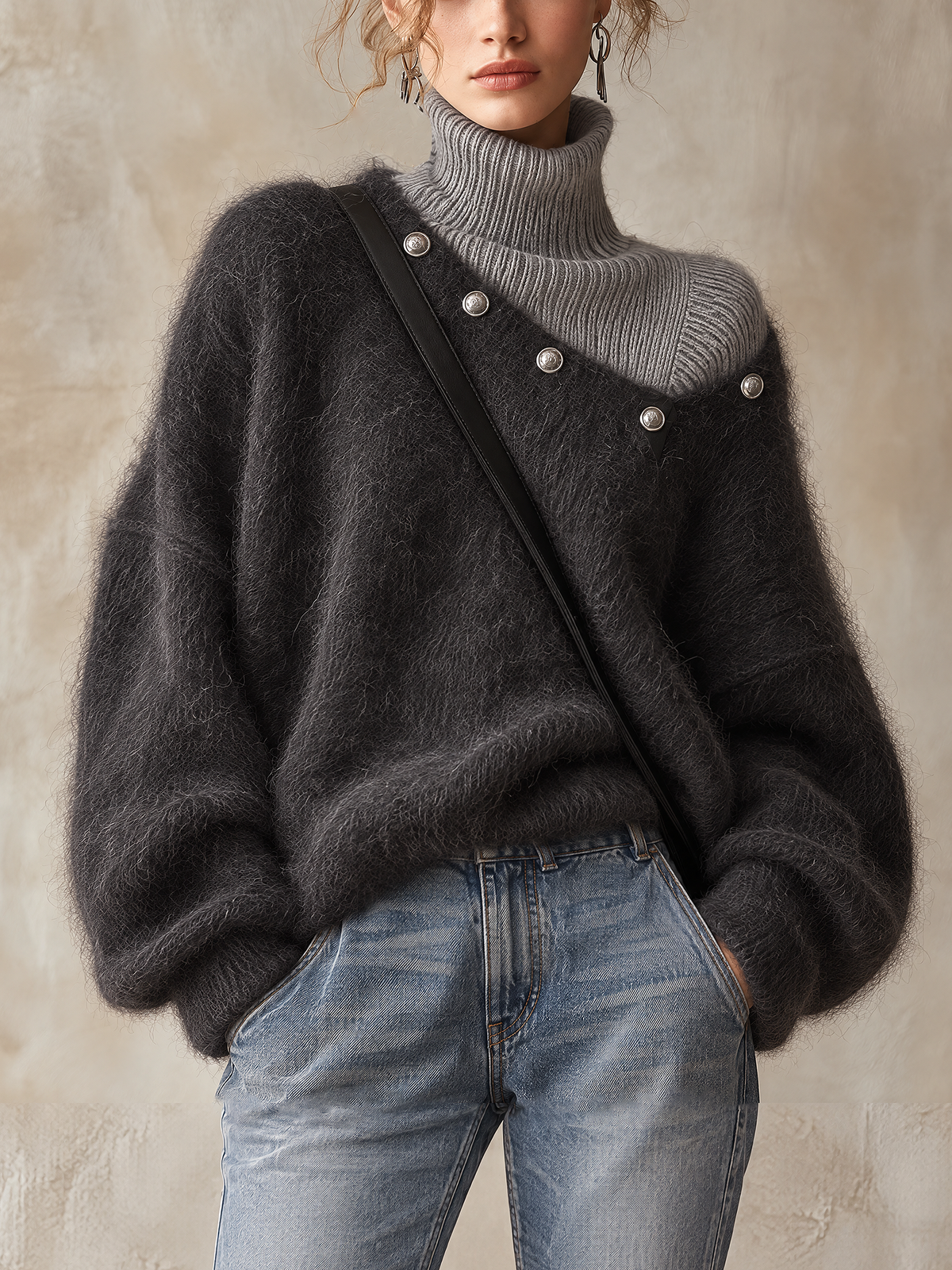 Dark Grey Faux Two-Piece Ribbed Mohair Turtleneck Sweater