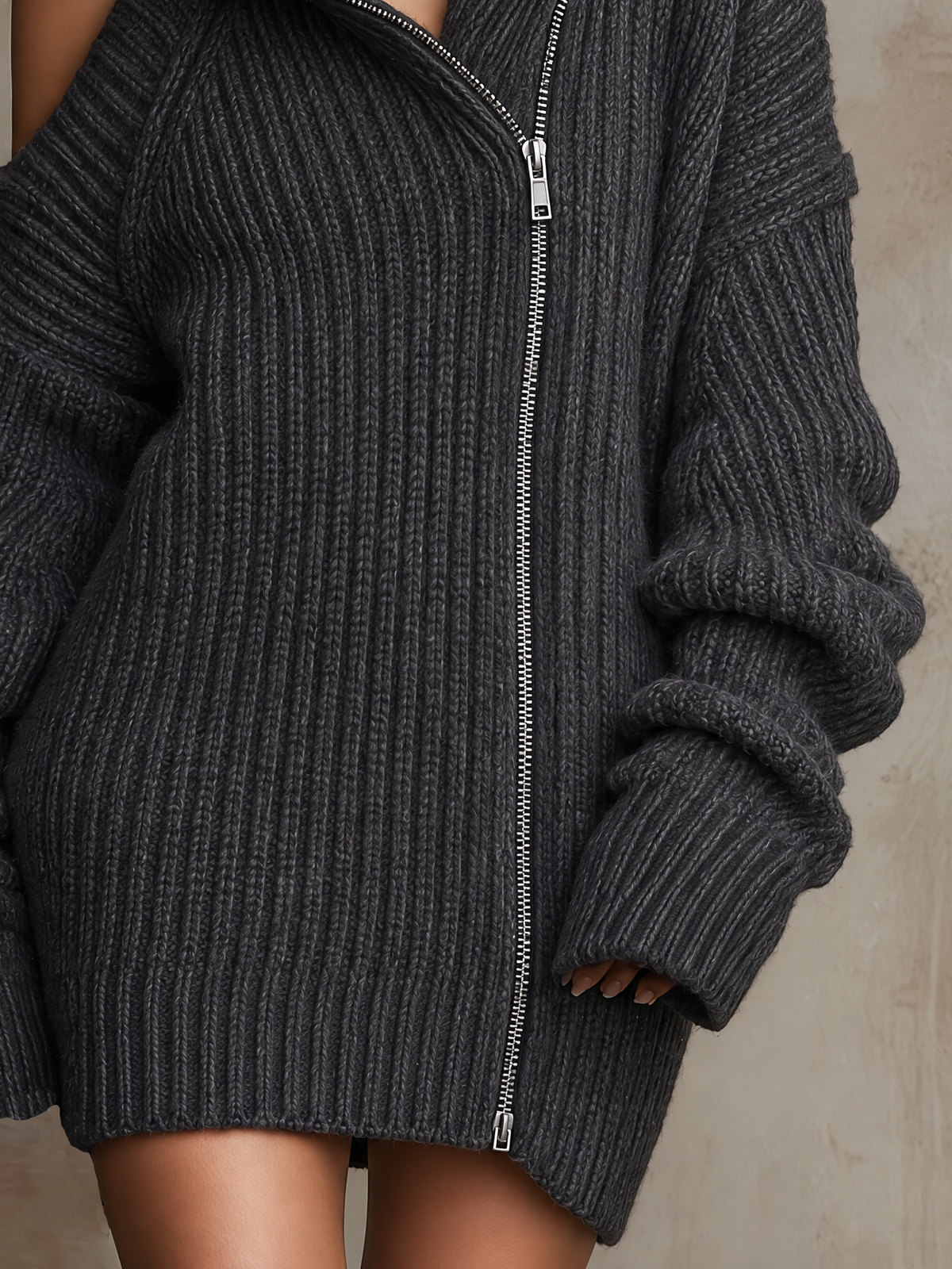 Dark Grey Ribbed Zip-Off Shoulder Mini Sweater Dress