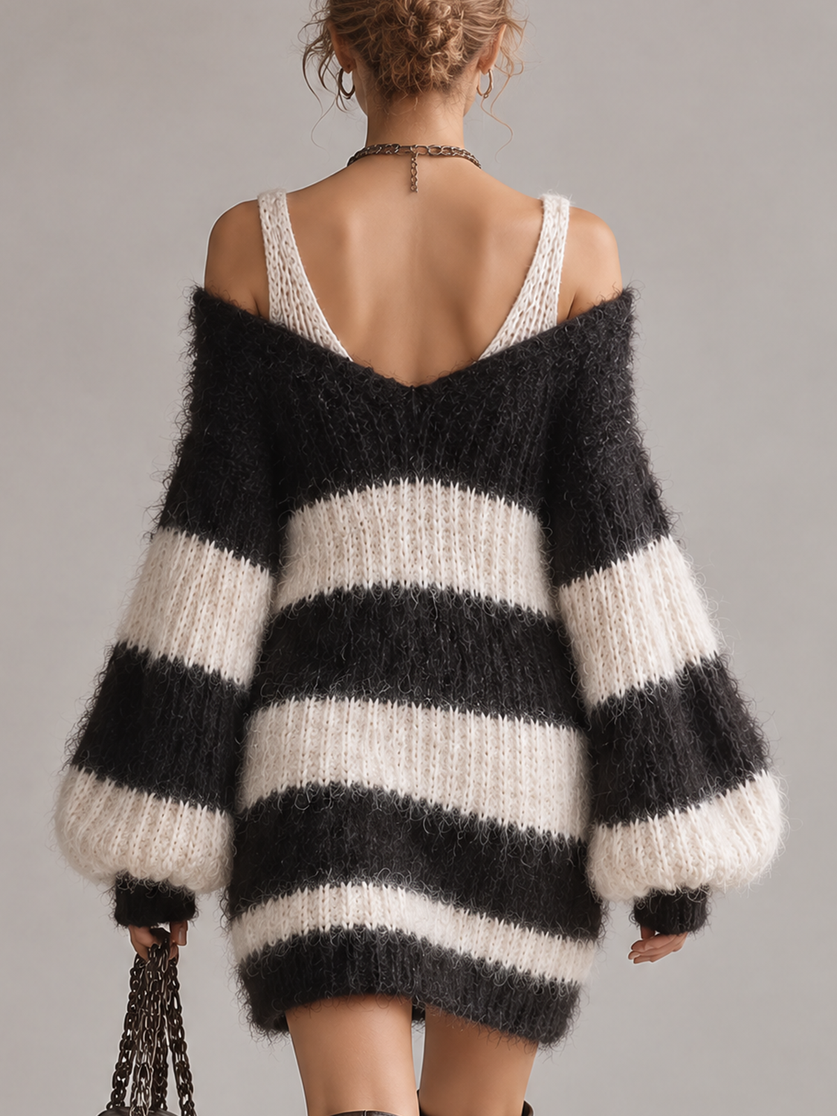 Black White Striped Fuzzy Knit Off Shoulder Mini Dress
