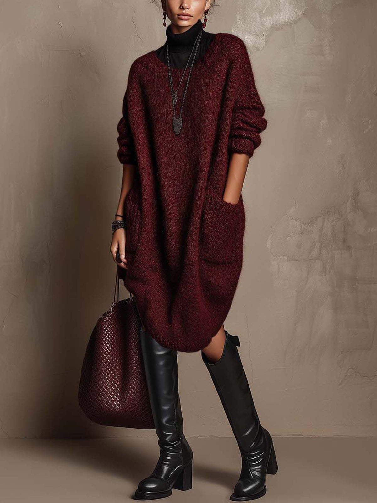 Maroon Slouchy Knit Midi Dress With Oversized Pockets