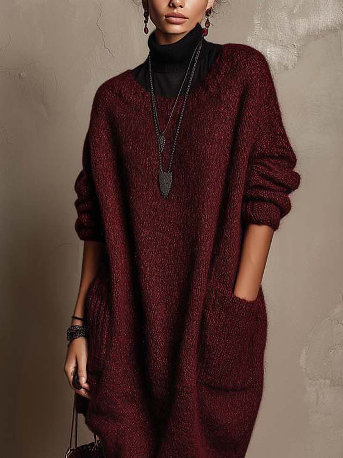 Maroon Slouchy Knit Midi Dress With Oversized Pockets