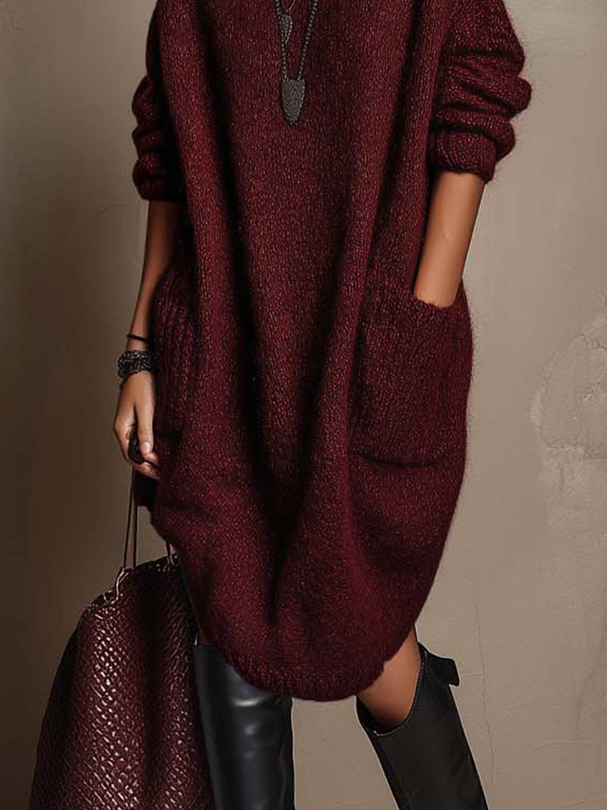 Maroon Slouchy Knit Midi Dress With Oversized Pockets