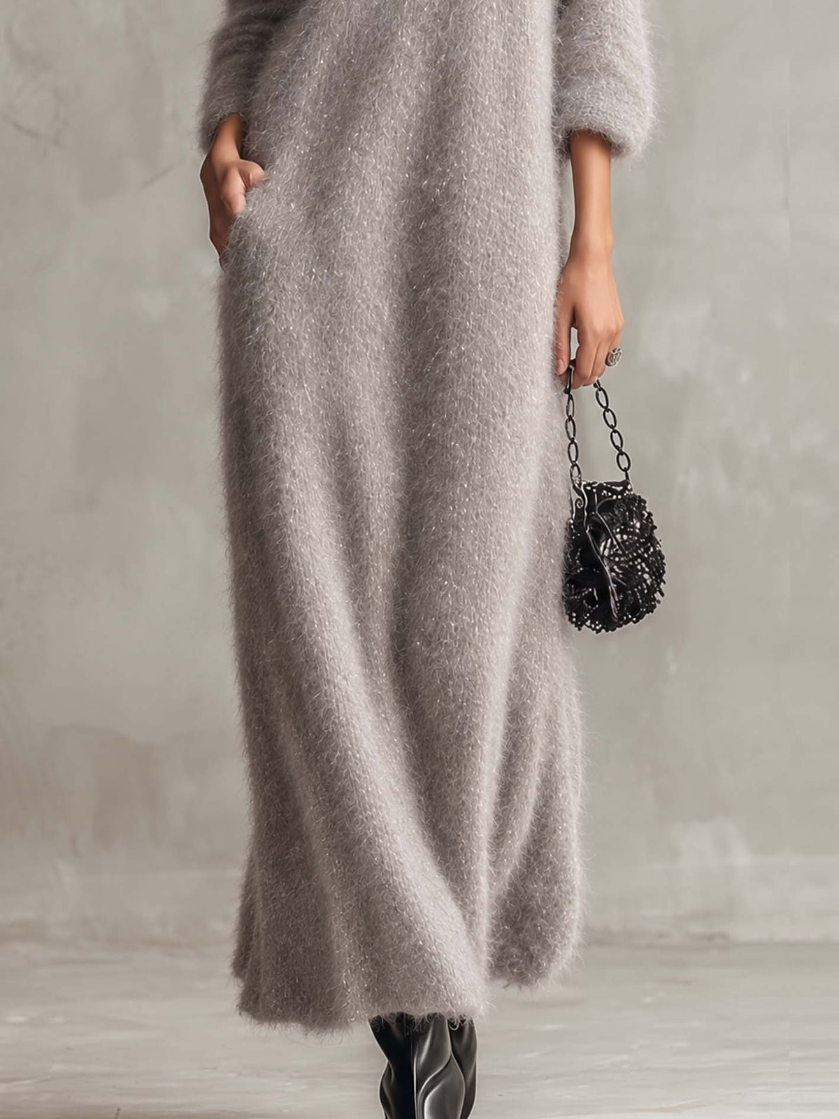 Silver Gray Shimmer Mohair Maxi Dress With Feather-Trim Cold Shoulder