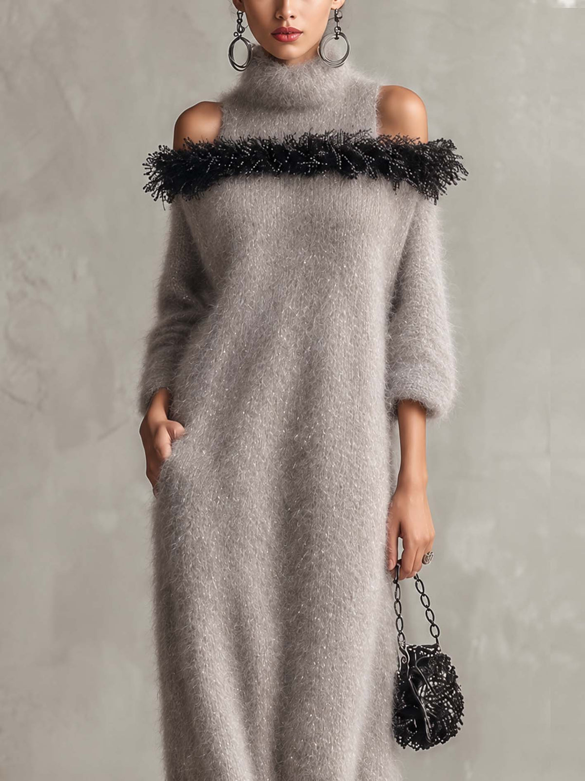 Silver Gray Shimmer Mohair Maxi Dress With Feather-Trim Cold Shoulder