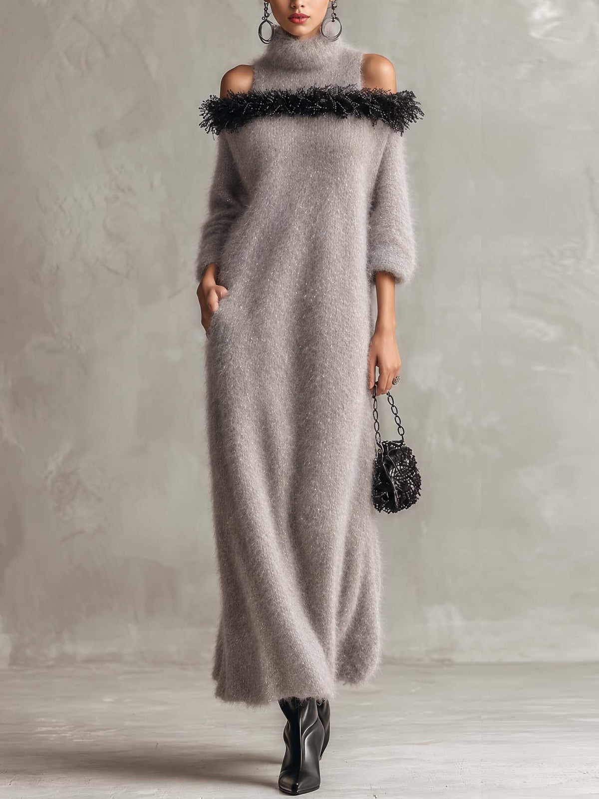 Silver Gray Shimmer Mohair Maxi Dress With Feather-Trim Cold Shoulder