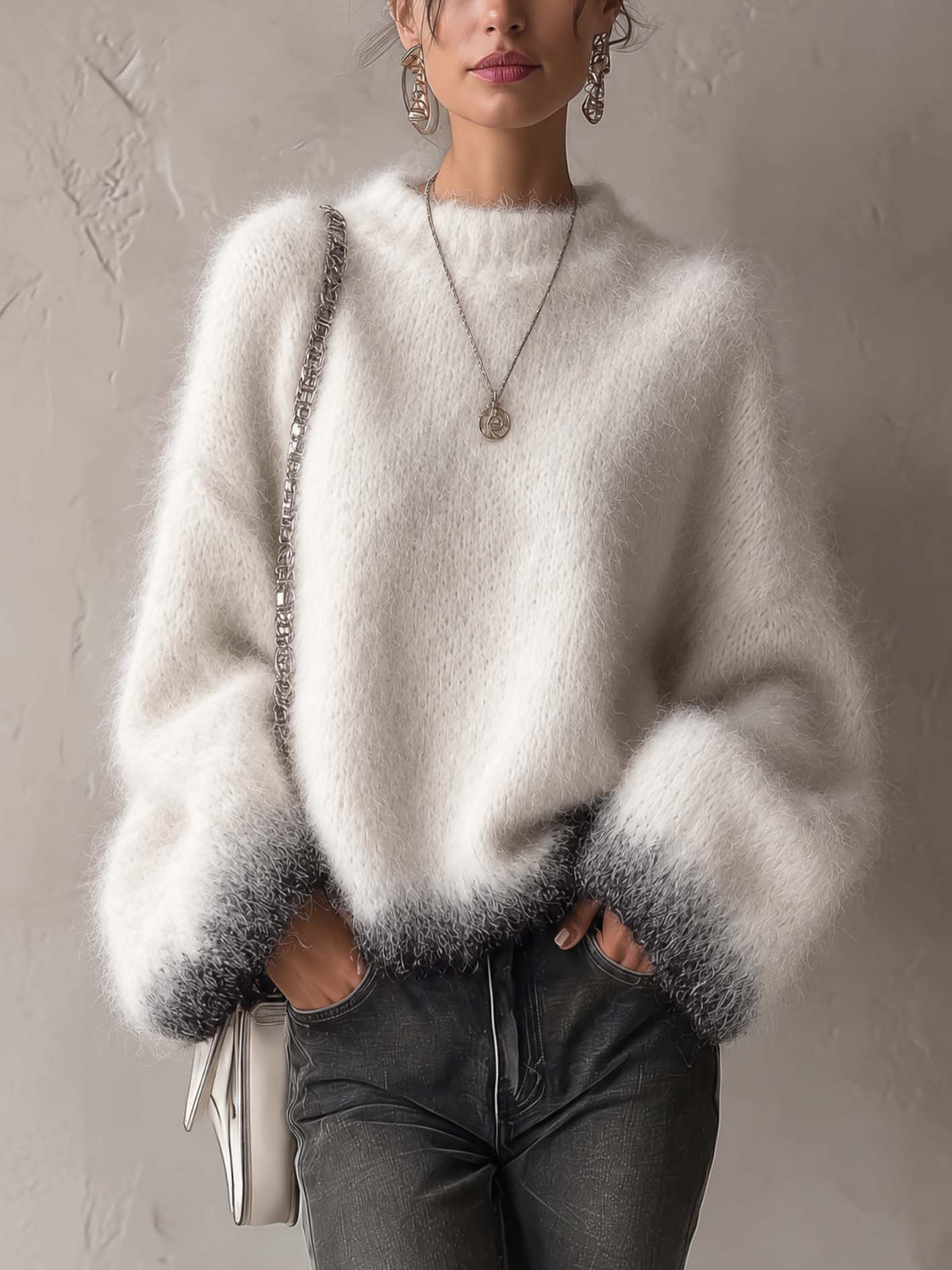 Ivory Mohair Sweater With Gradient Charcoal Cuffs And Hem