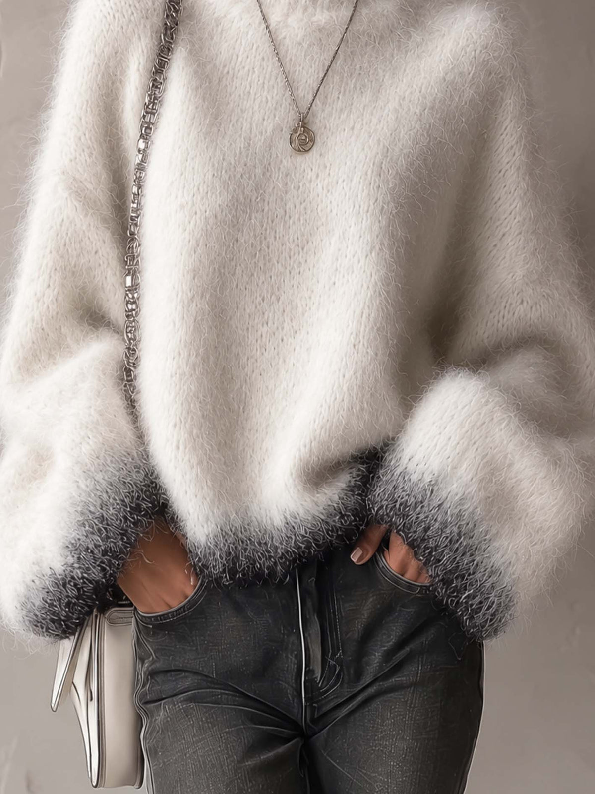 Ivory Mohair Sweater With Gradient Charcoal Cuffs And Hem