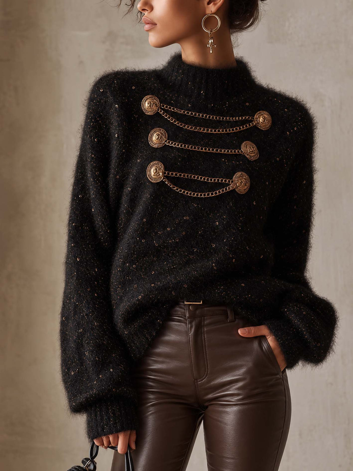 Black Shimmer Mohair Sweater With Gold Chain Button Detail