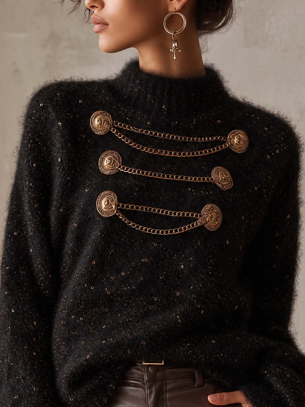 Black Shimmer Mohair Sweater With Gold Chain Button Detail