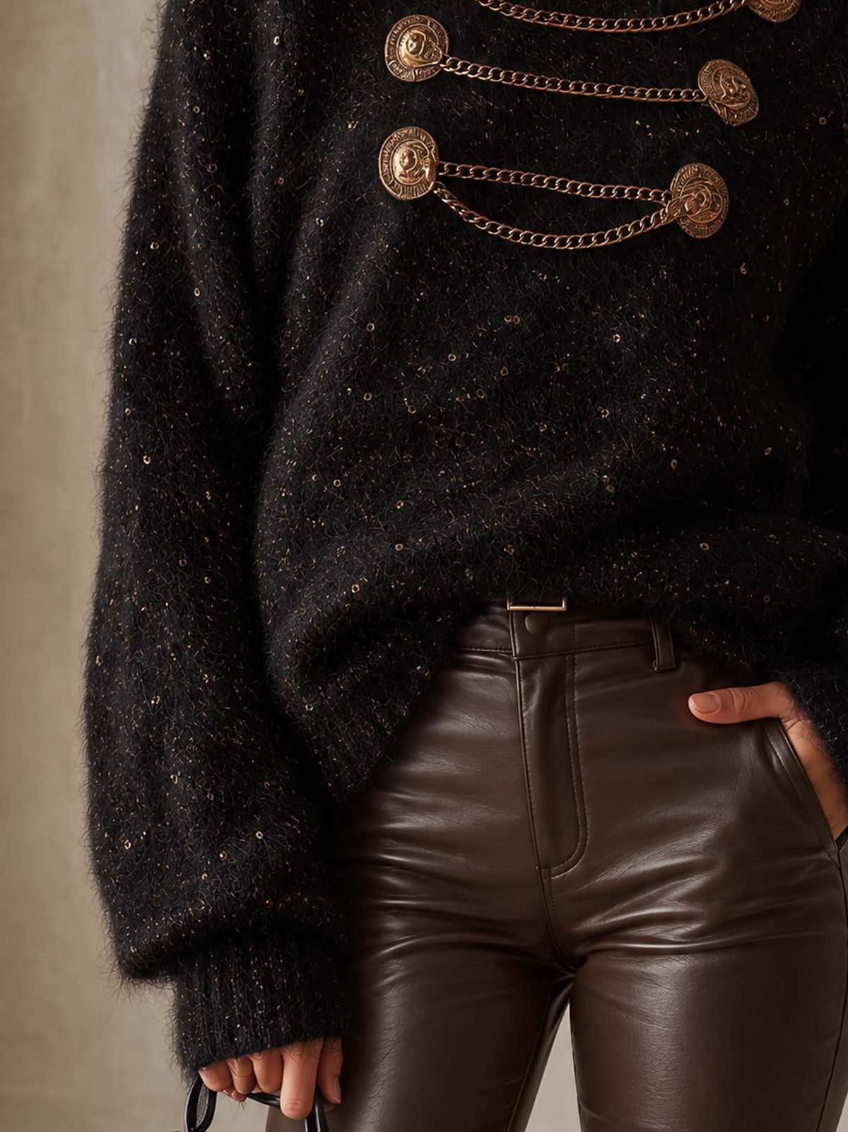 Black Shimmer Mohair Sweater With Gold Chain Button Detail