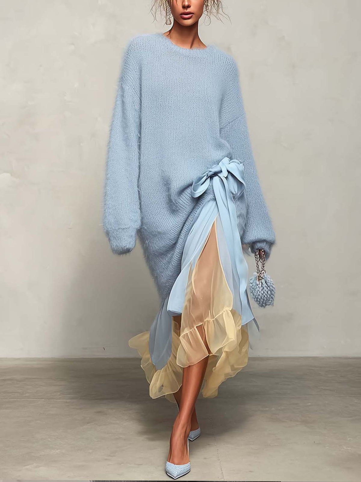 Light Blue Mohair Sweater Dress With Yellow Chiffon Maxi Skirt Patchwork