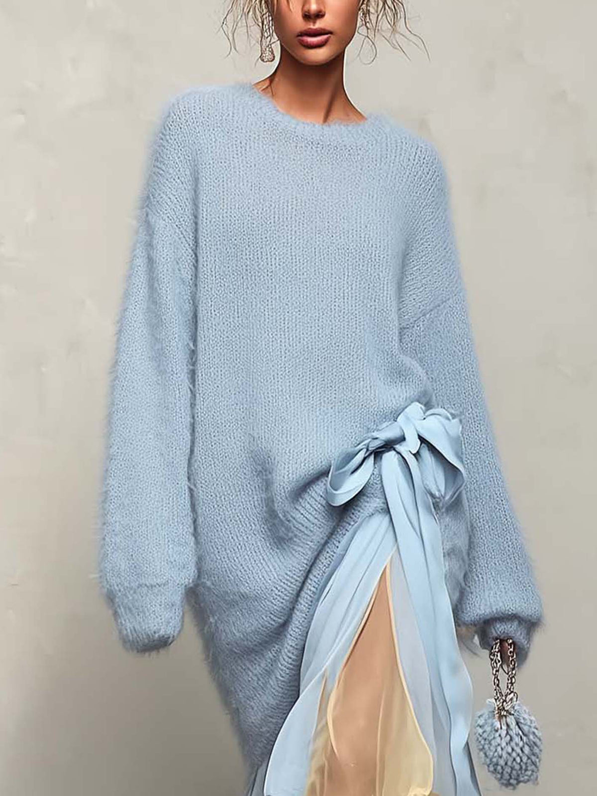 Light Blue Mohair Sweater Dress With Yellow Chiffon Maxi Skirt Patchwork