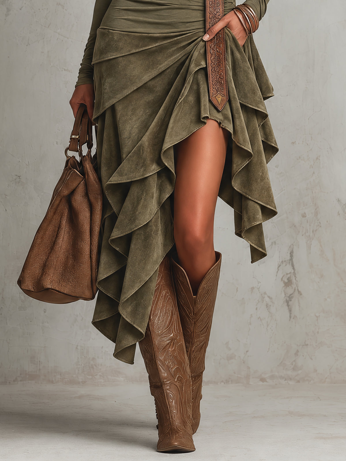 Green Washed Suede Asymmetric Ruffle Hem Midi Dress