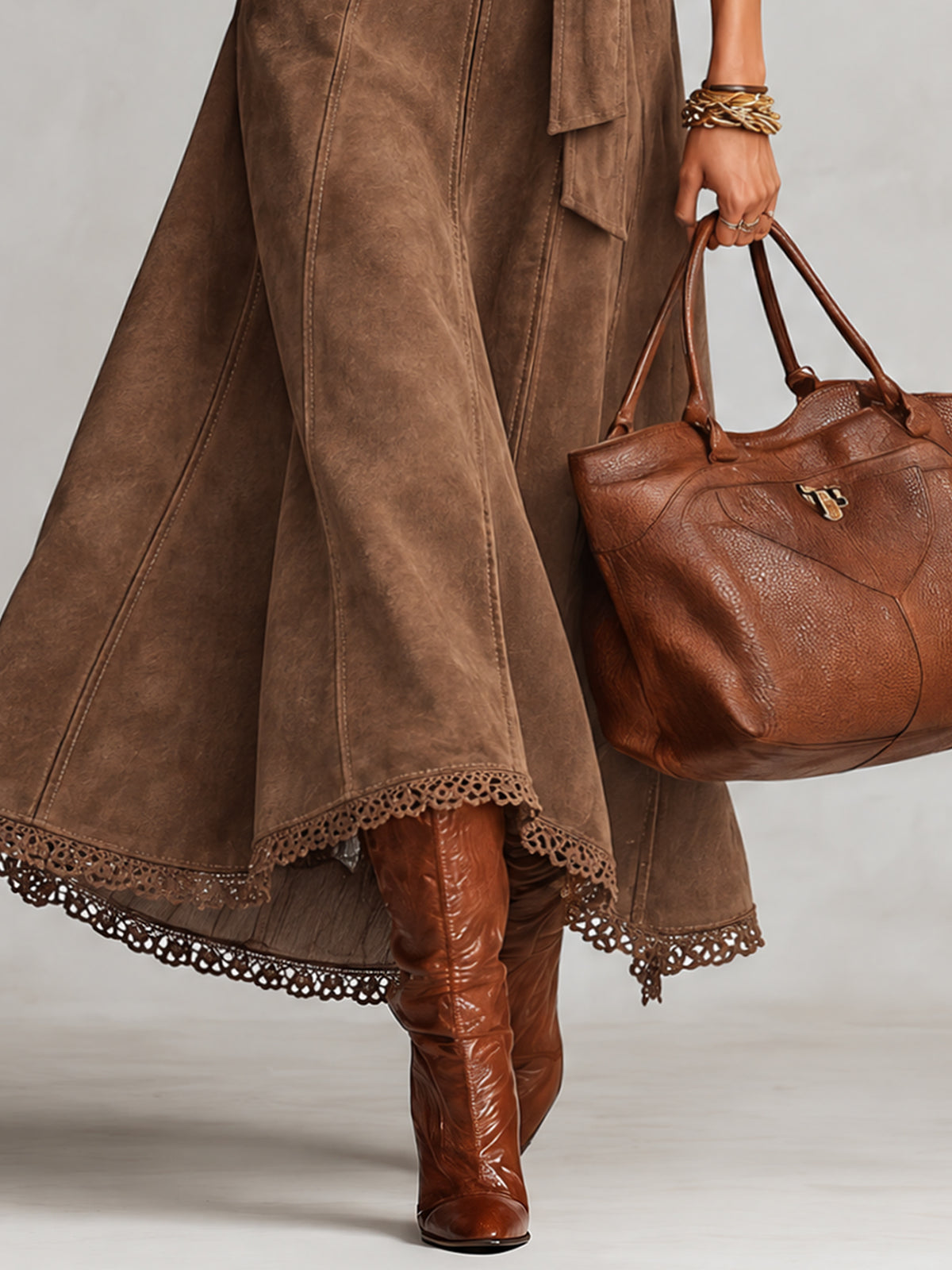 Brown Vintage Faux Suede Wrap Tie Maxi Dress