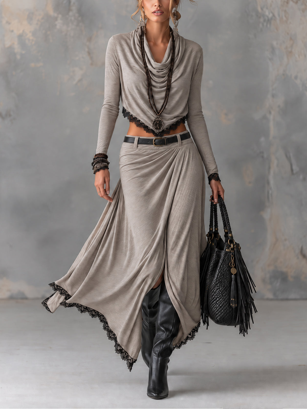 Gray Stretch Knit Cowl Neck Crop Top And Slit Maxi Skirt Set