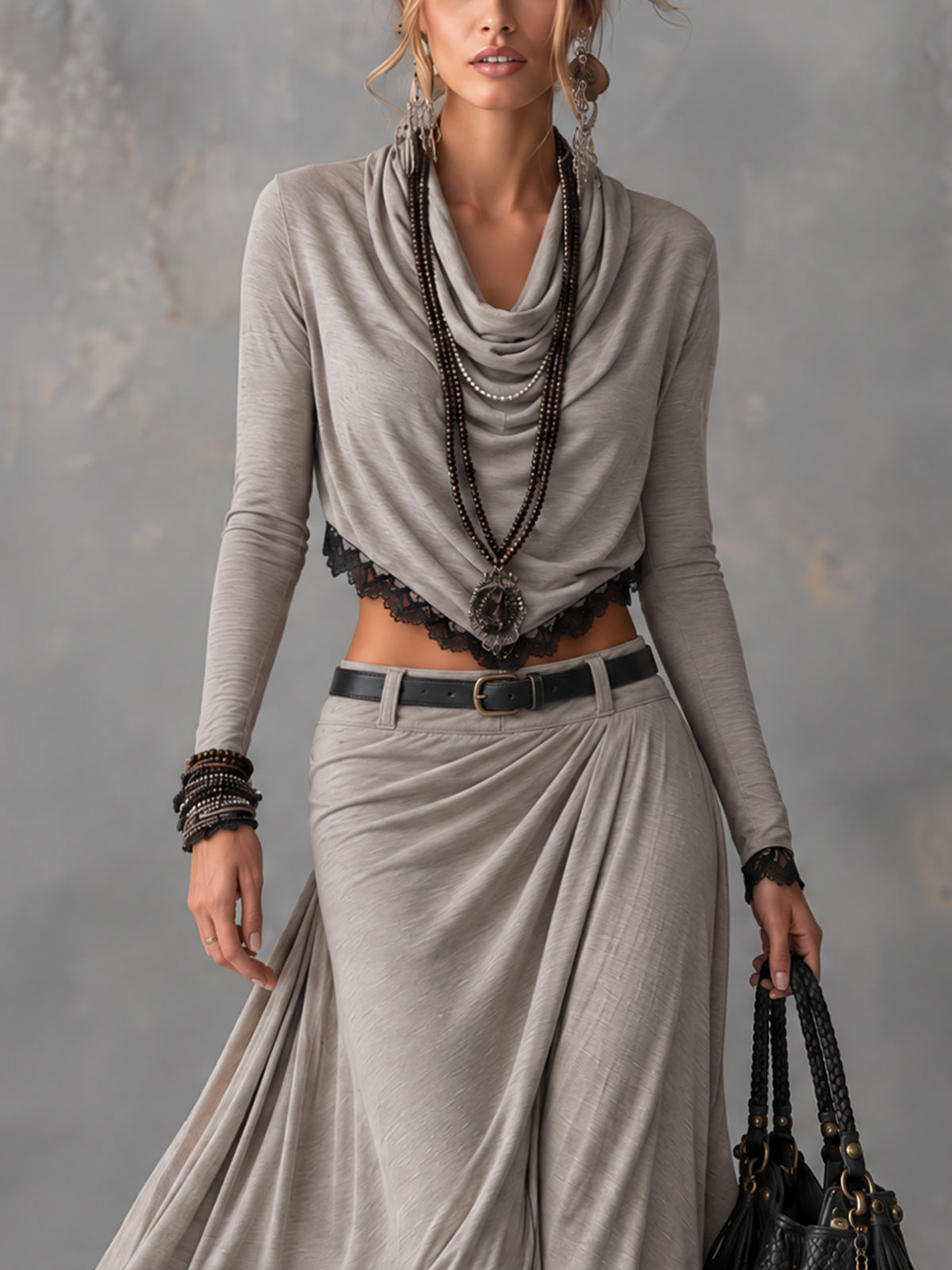 Gray Stretch Knit Cowl Neck Crop Top And Slit Maxi Skirt Set