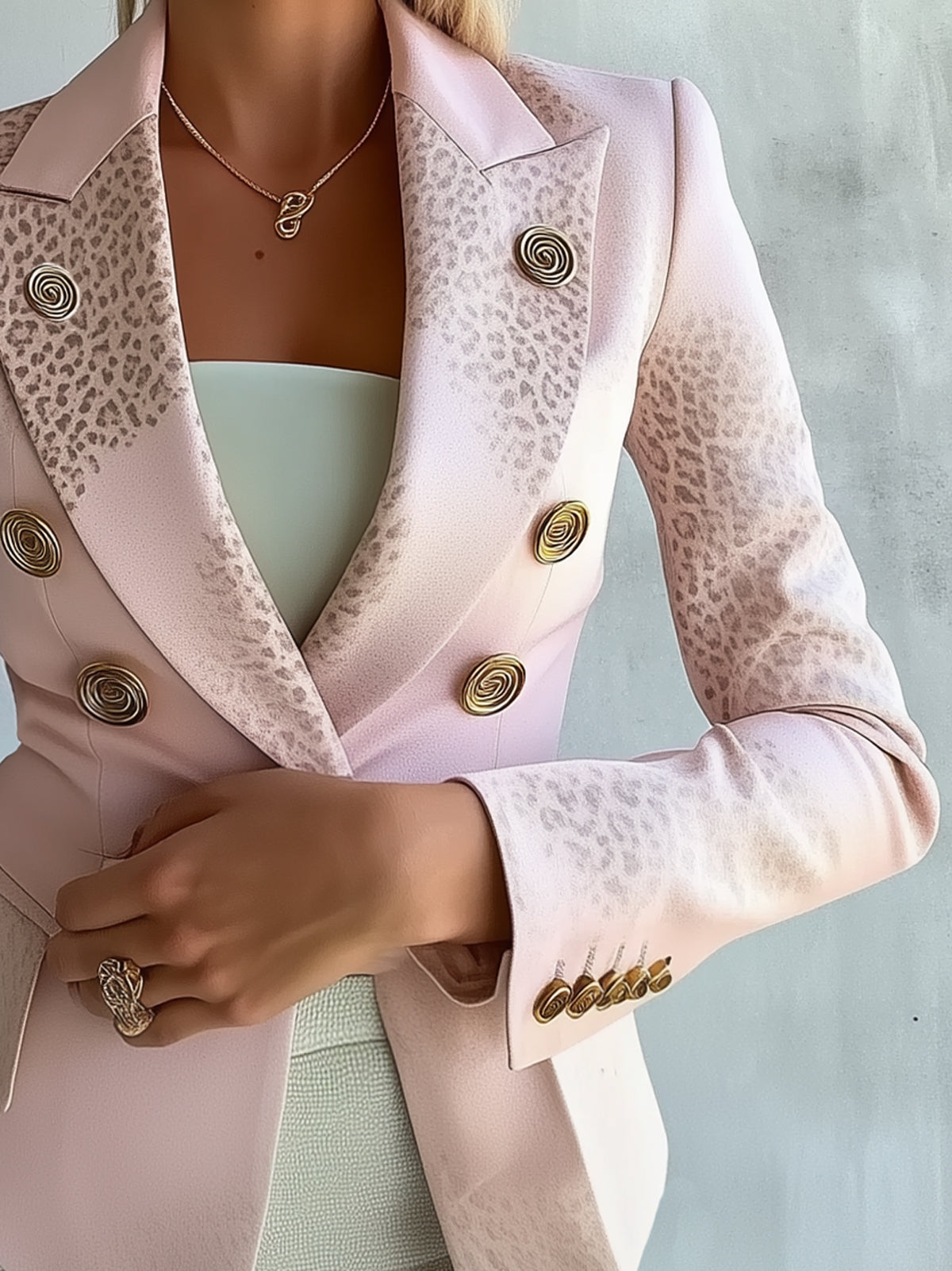 Pink Leopard Print Trim Double Breasted Blazer