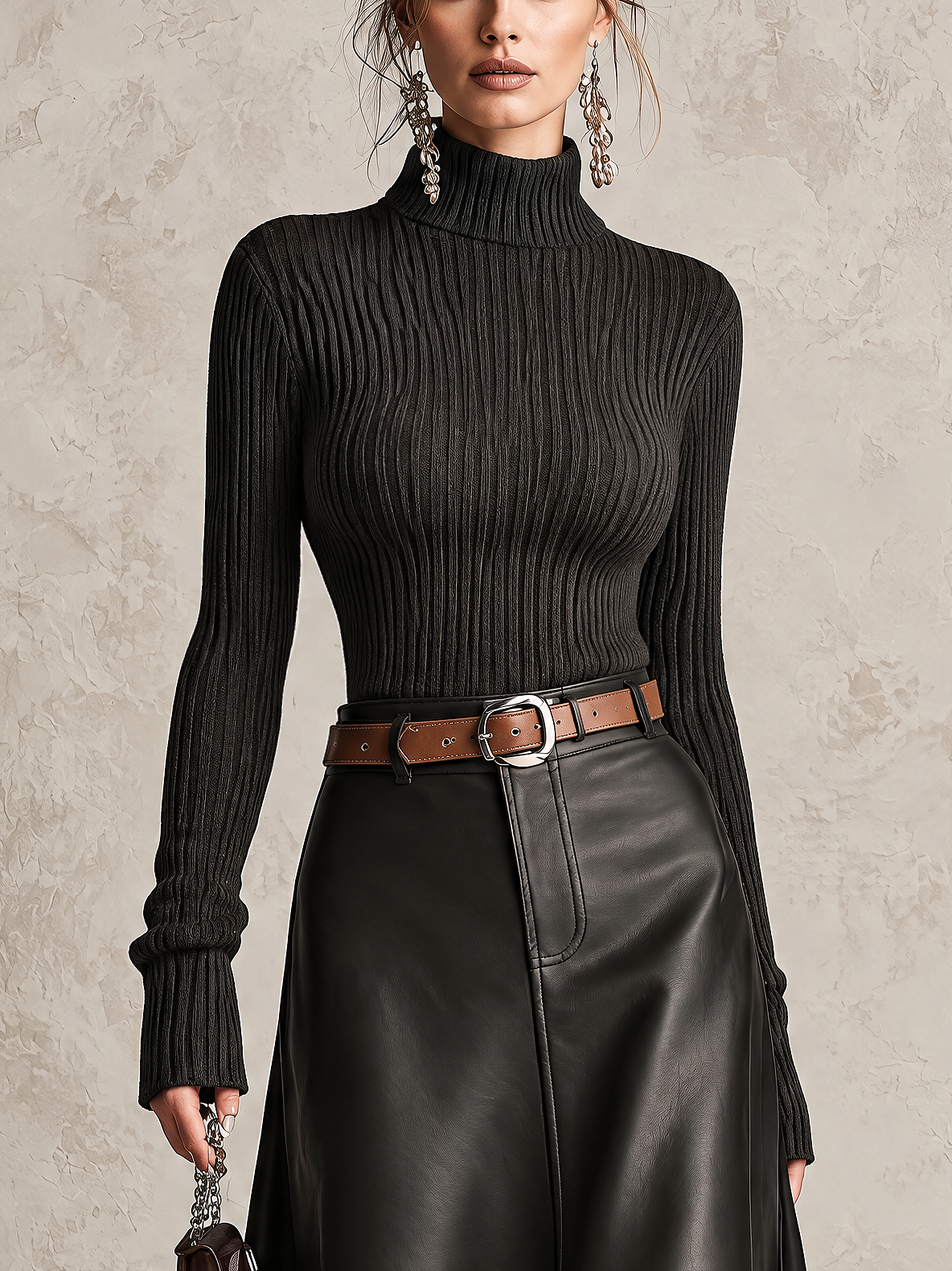 Black Ribbed Turtleneck Sweater & Pu Leather Maxi Skirt Two-Piece Set