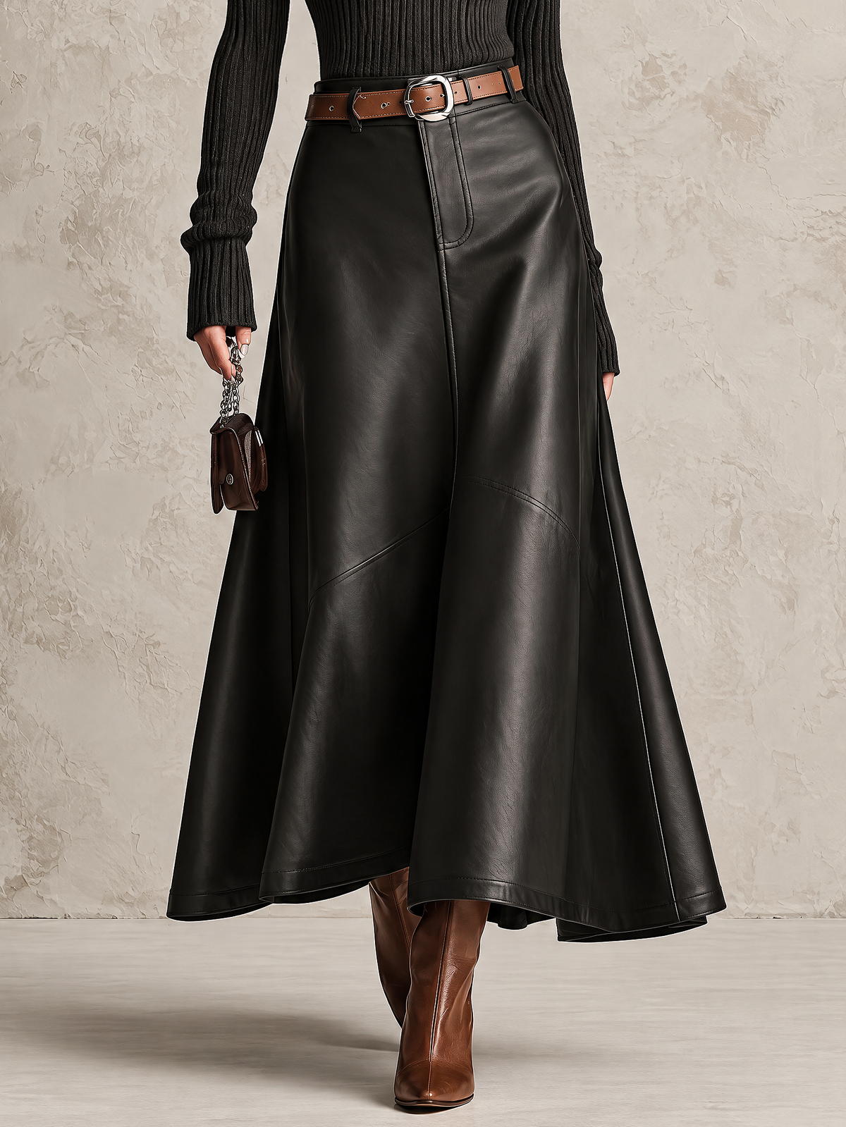 Black Ribbed Turtleneck Sweater & Pu Leather Maxi Skirt Two-Piece Set