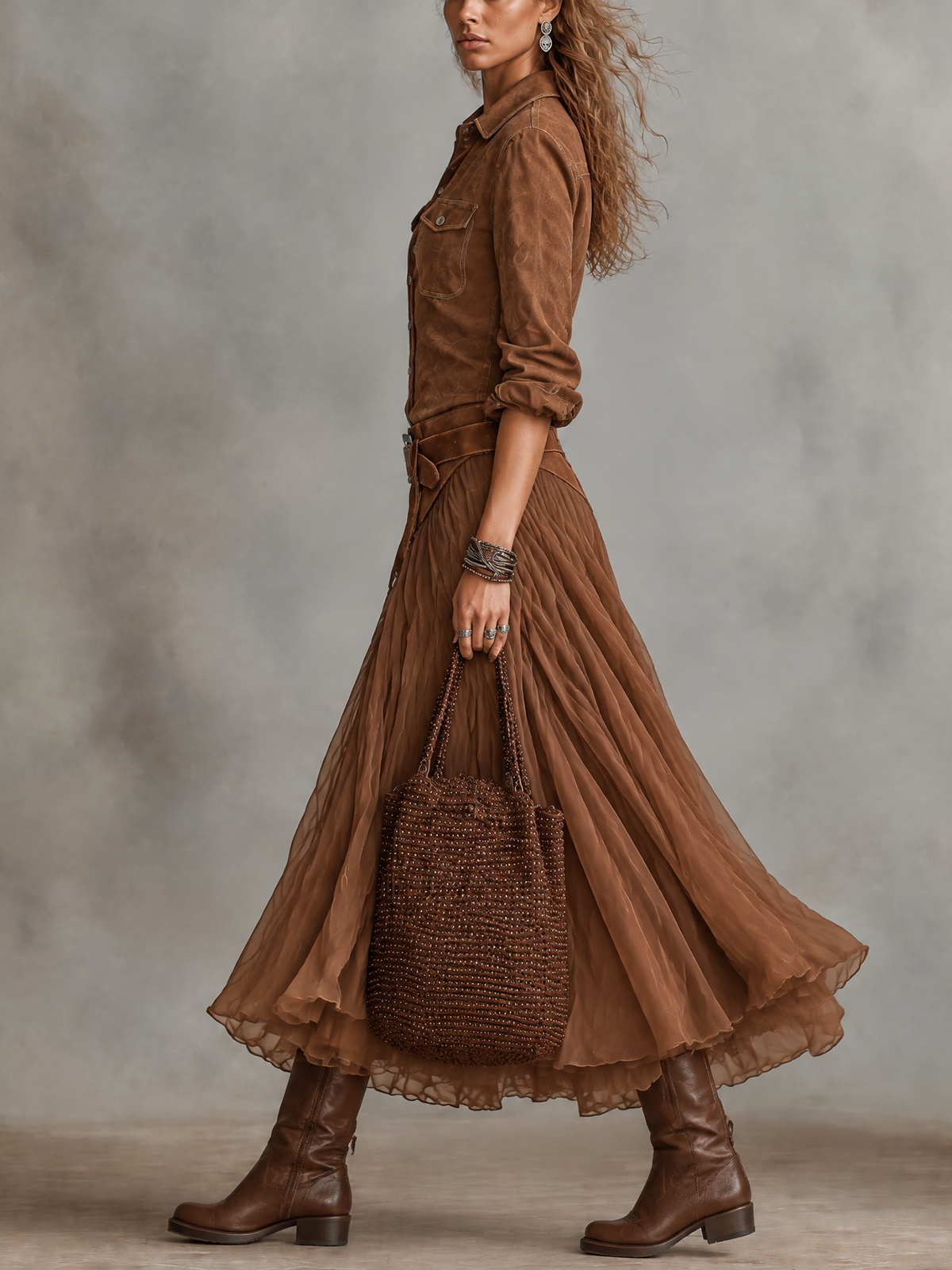 Brown Faux Suede Shirt And Flowy Tulle Midi Skirt Set