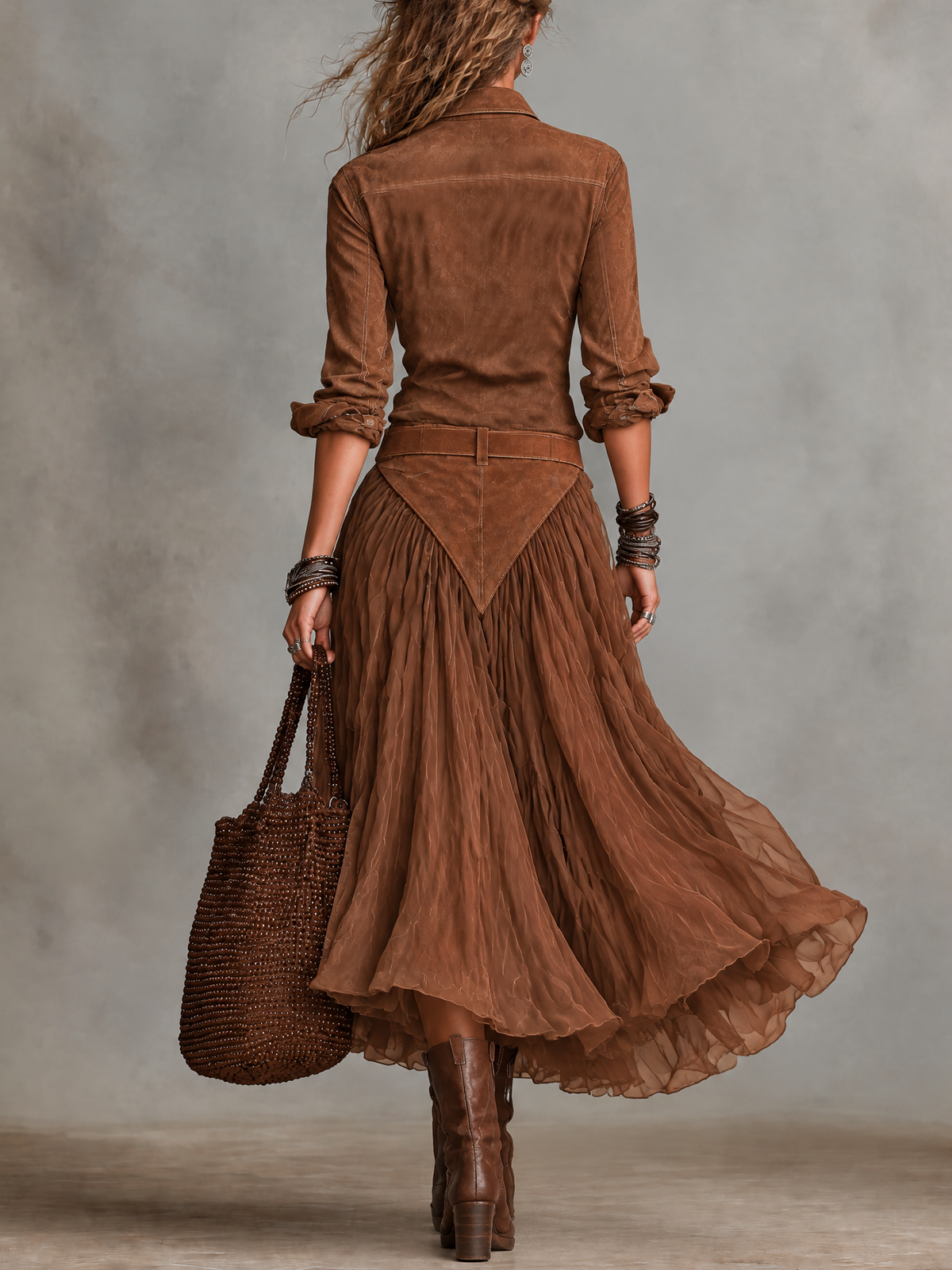 Brown Faux Suede Shirt And Flowy Tulle Midi Skirt Set