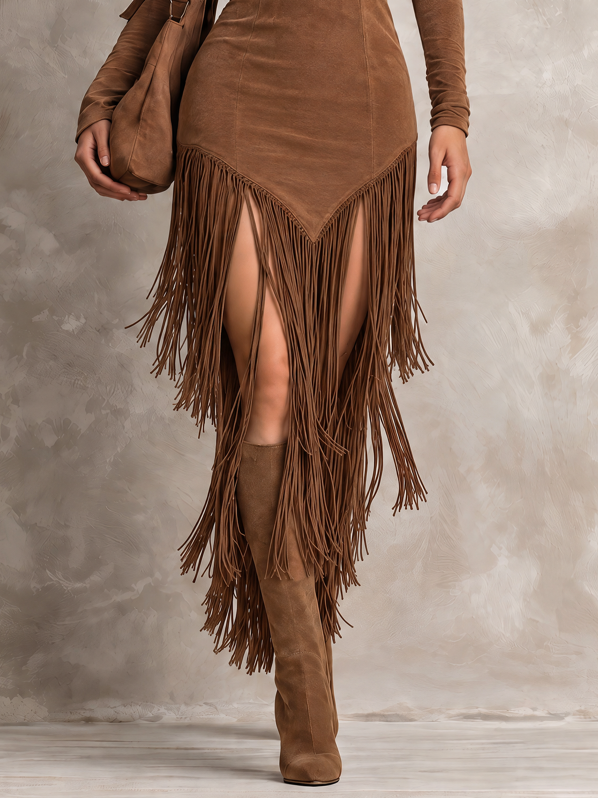 Brown Suede Turtleneck Long Sleeve Fringe Asymmetrical Midi Dress