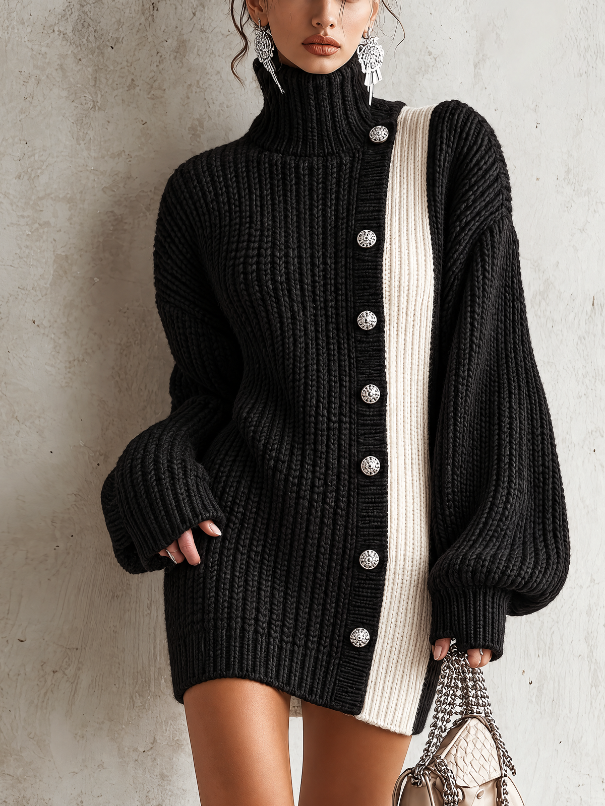 Black And White Color Block Turtleneck Chunky Knit Mini Sweater Dress