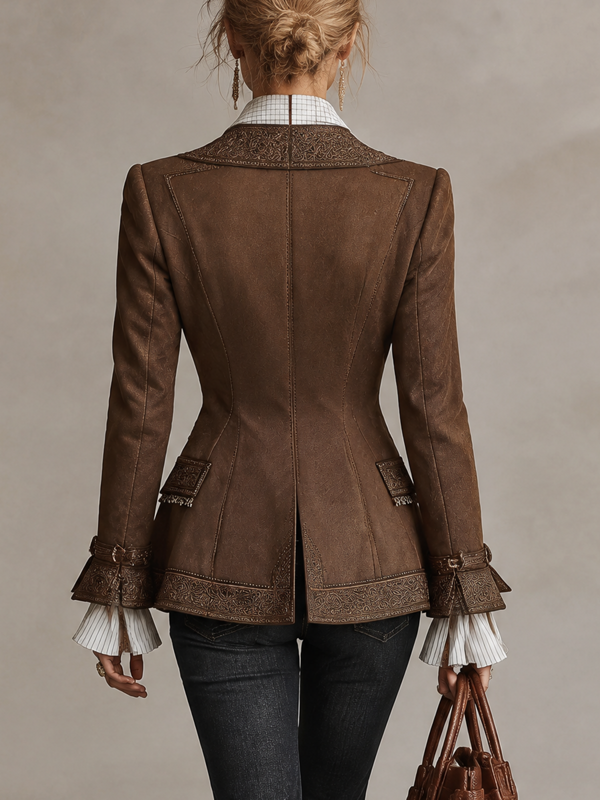 Brown Faux Suede Embroidered Western Blazer Jacket
