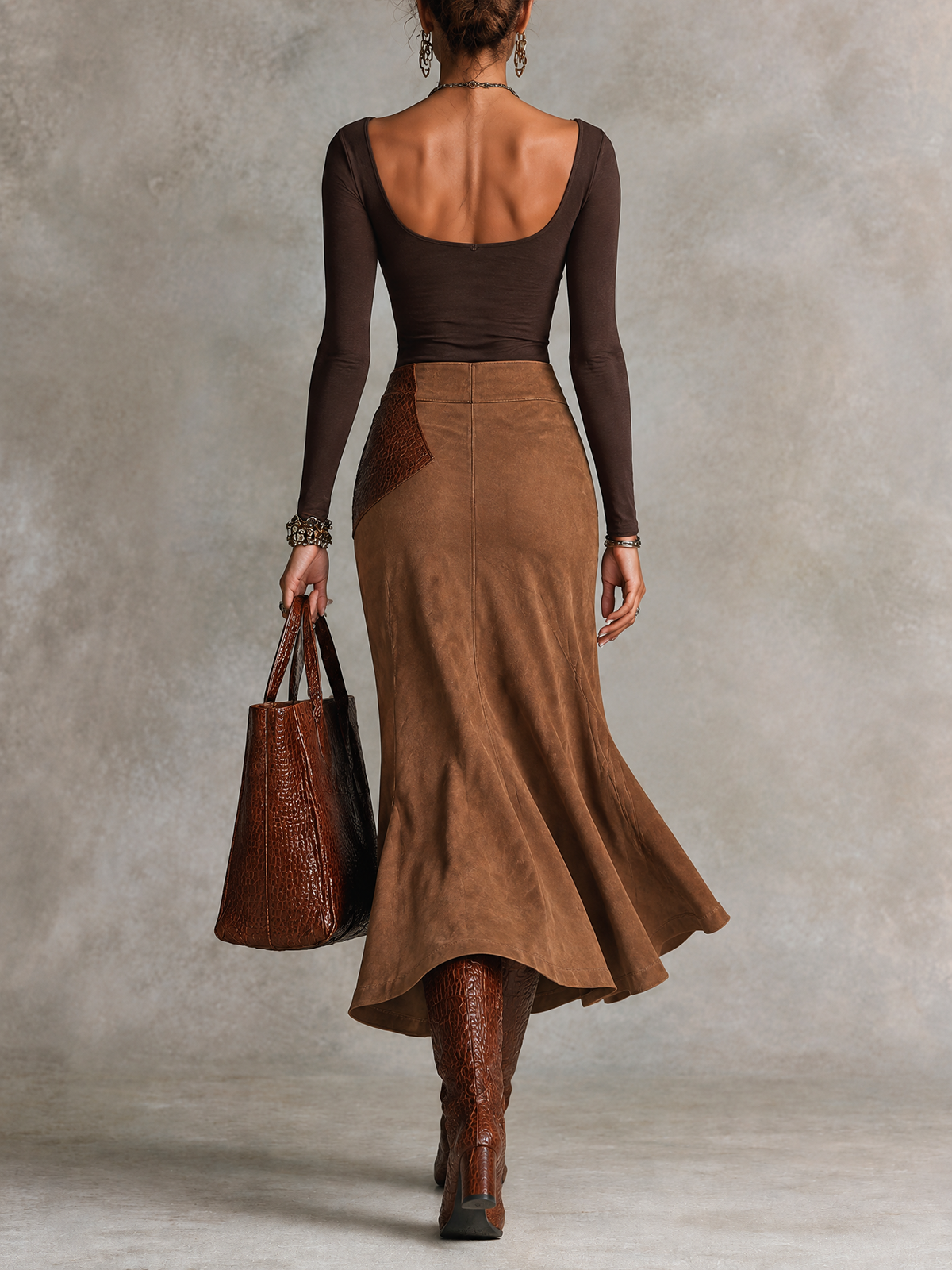 Brown Square Neck Long Sleeve Top And Faux Suede Mermaid Midi Skirt Set