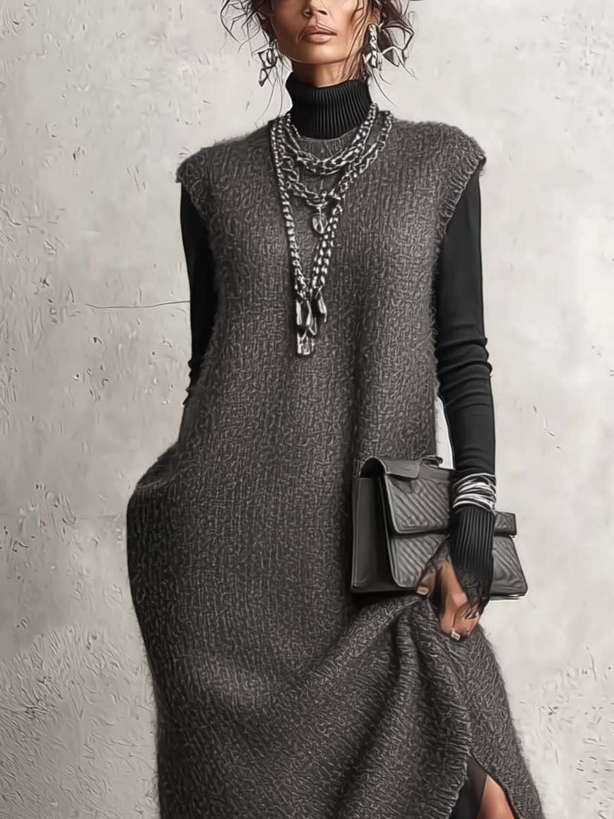 Gray Knit Maxi Dress With Contrast Black Sleeves And Asymmetrical Layered Hem