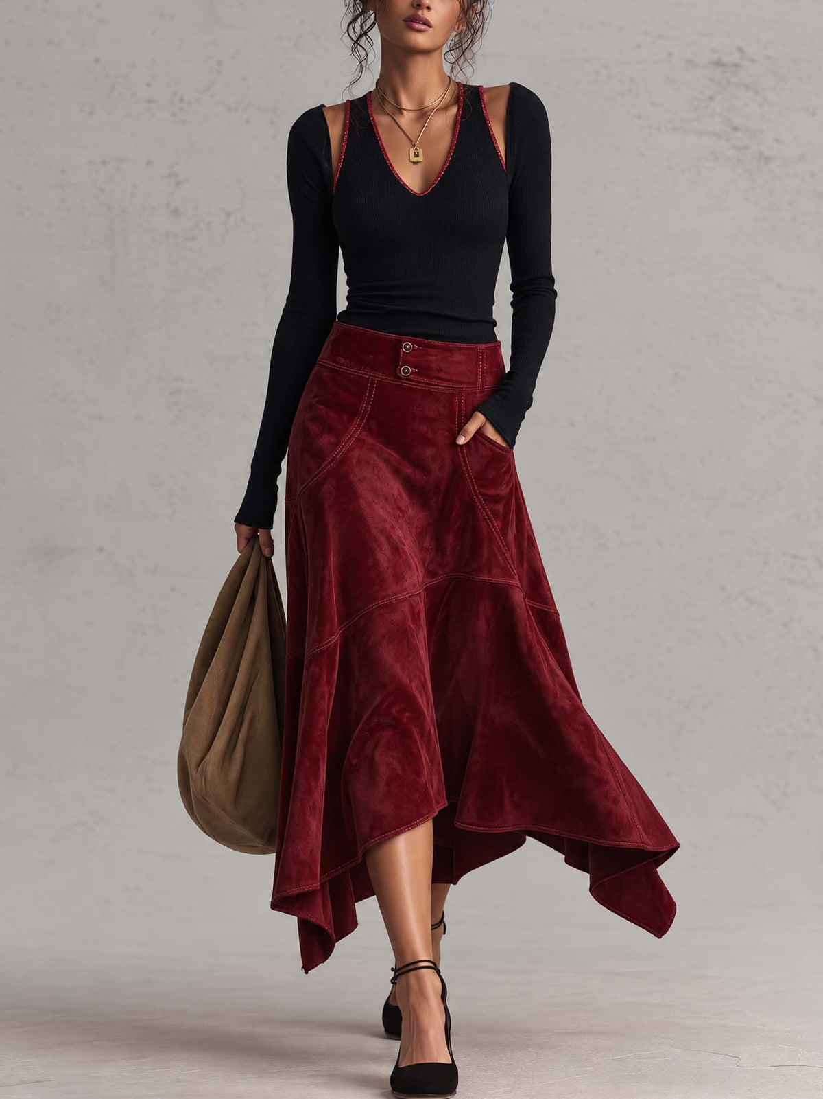 Black Ribbed Top And Burgundy Faux Suede Asymmetrical Skirt Set With Contrast Stitching