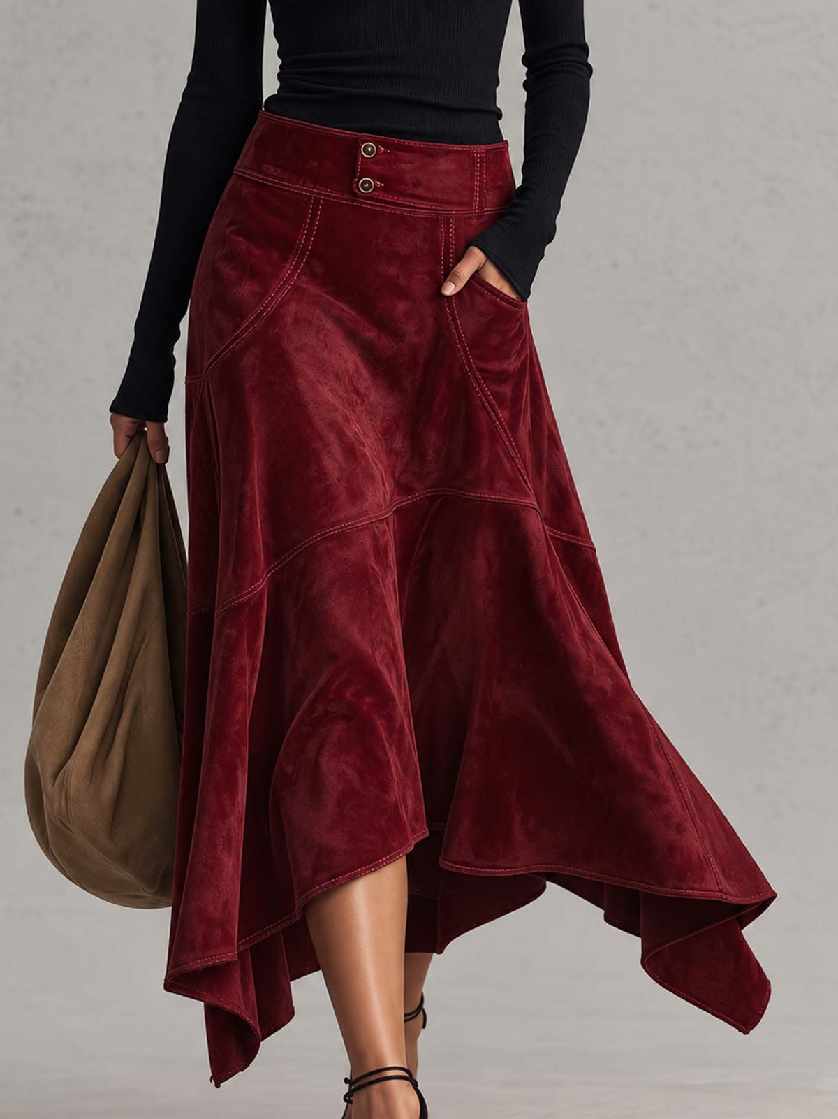 Black Ribbed Top And Burgundy Faux Suede Asymmetrical Skirt Set With Contrast Stitching