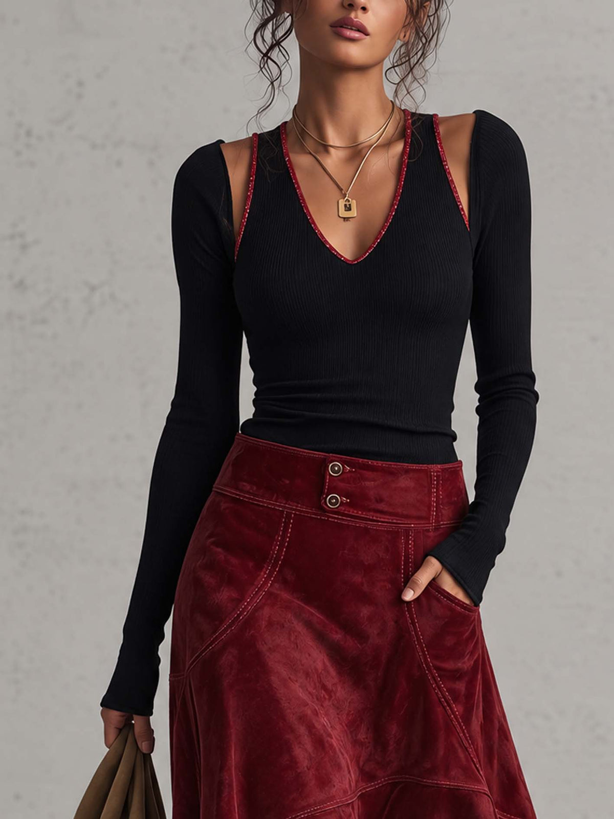 Black Ribbed Top And Burgundy Faux Suede Asymmetrical Skirt Set With Contrast Stitching