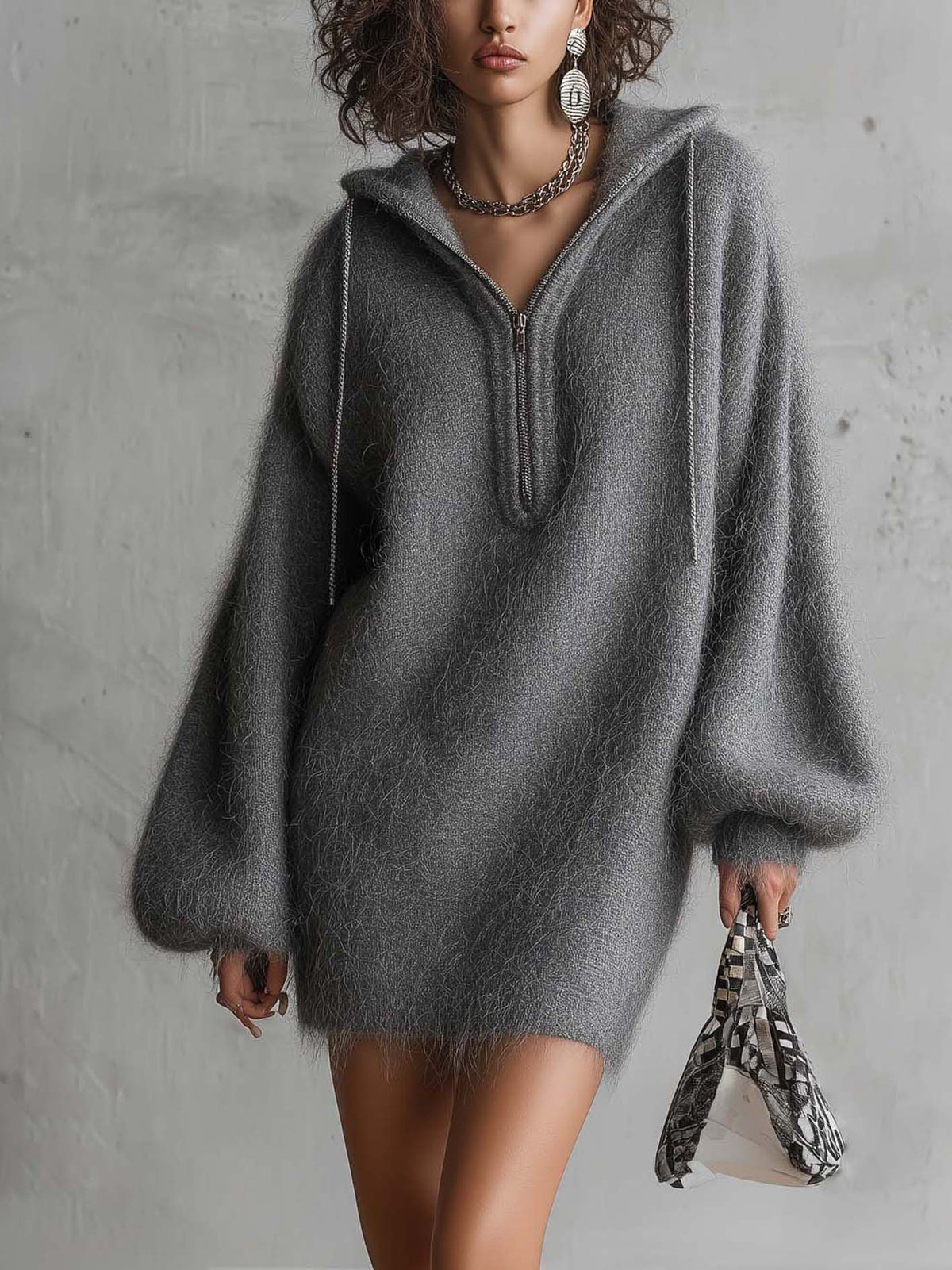 Gray Fuzzy Mohair Knit Hooded Mini Sweater Dress With Chain Zip Detail