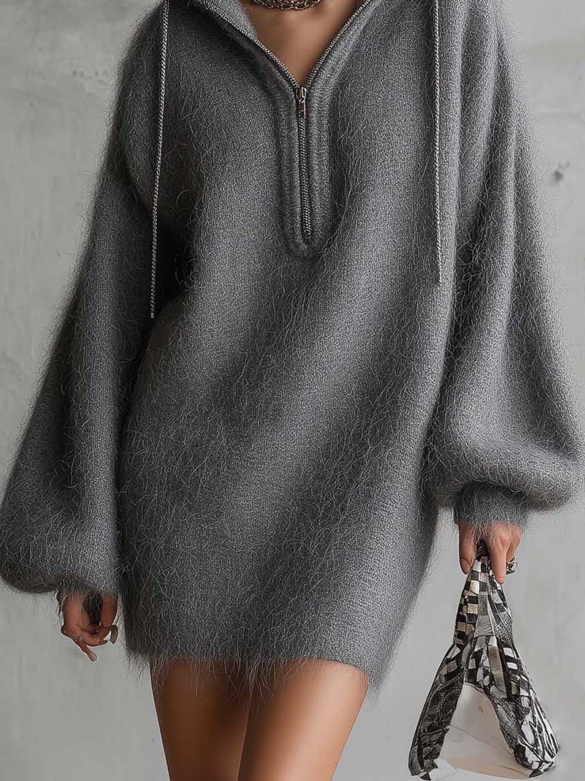 Gray Fuzzy Mohair Knit Hooded Mini Sweater Dress With Chain Zip Detail