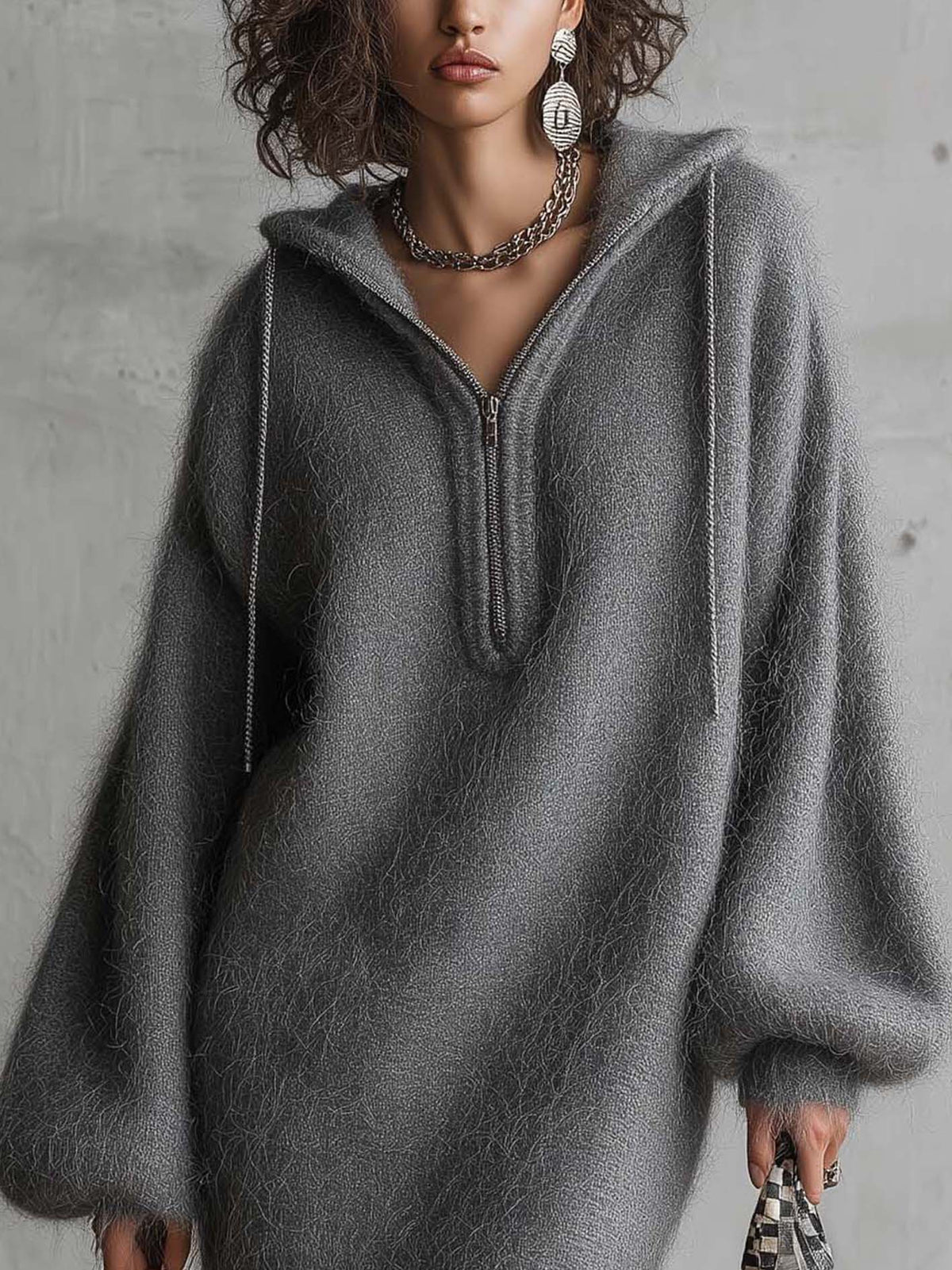 Gray Fuzzy Mohair Knit Hooded Mini Sweater Dress With Chain Zip Detail