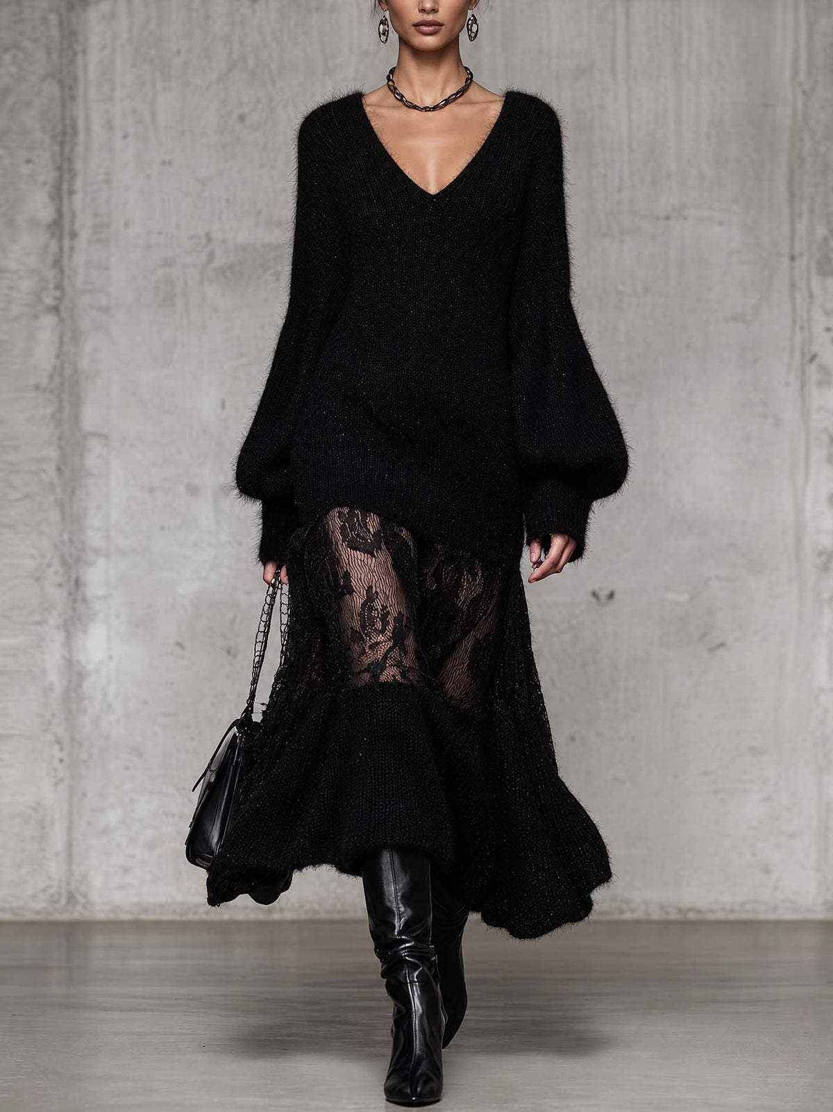 Black Shimmer Mohair Knit Maxi Dress With Sheer Lace Patchwork And Ruffled Hem