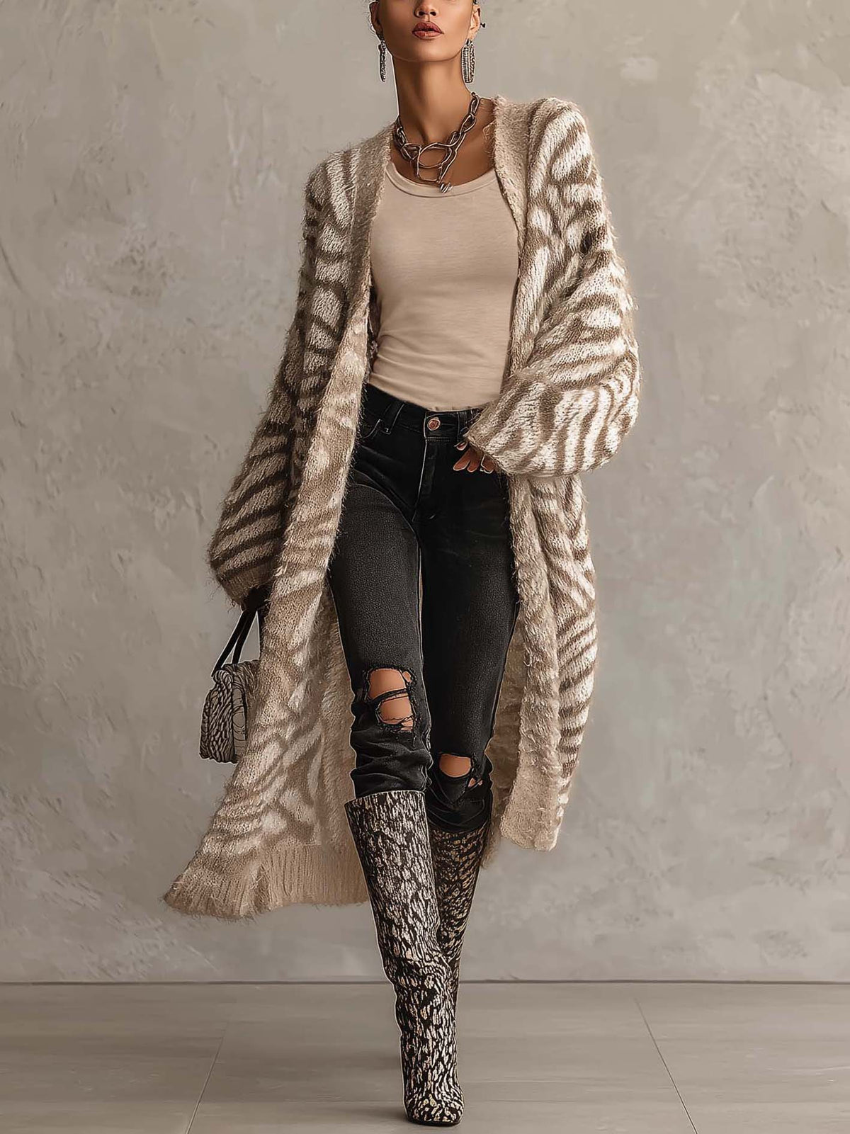 Beige Zebra Stripe Fuzzy Knit Longline Cardigan