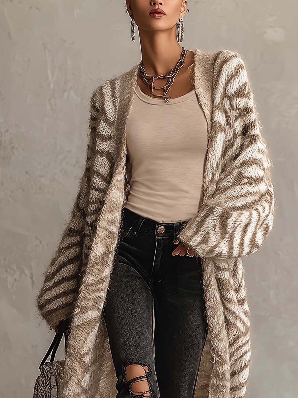 Beige Zebra Stripe Fuzzy Knit Longline Cardigan