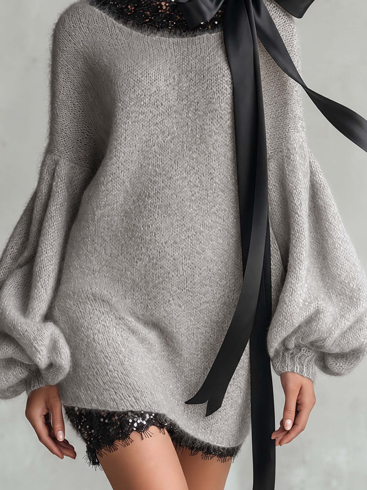 Gray Fuzzy Mohair Knit Mini Sweater Dress With Sequin Lace Trim And Black Satin Bow