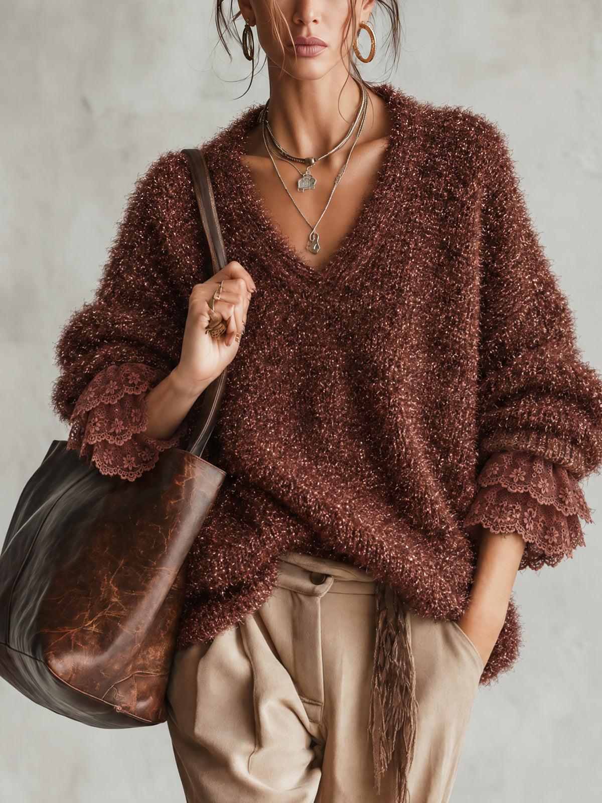 Brown Sparkle Fuzzy Knit Oversized Lace Cuff Sweater