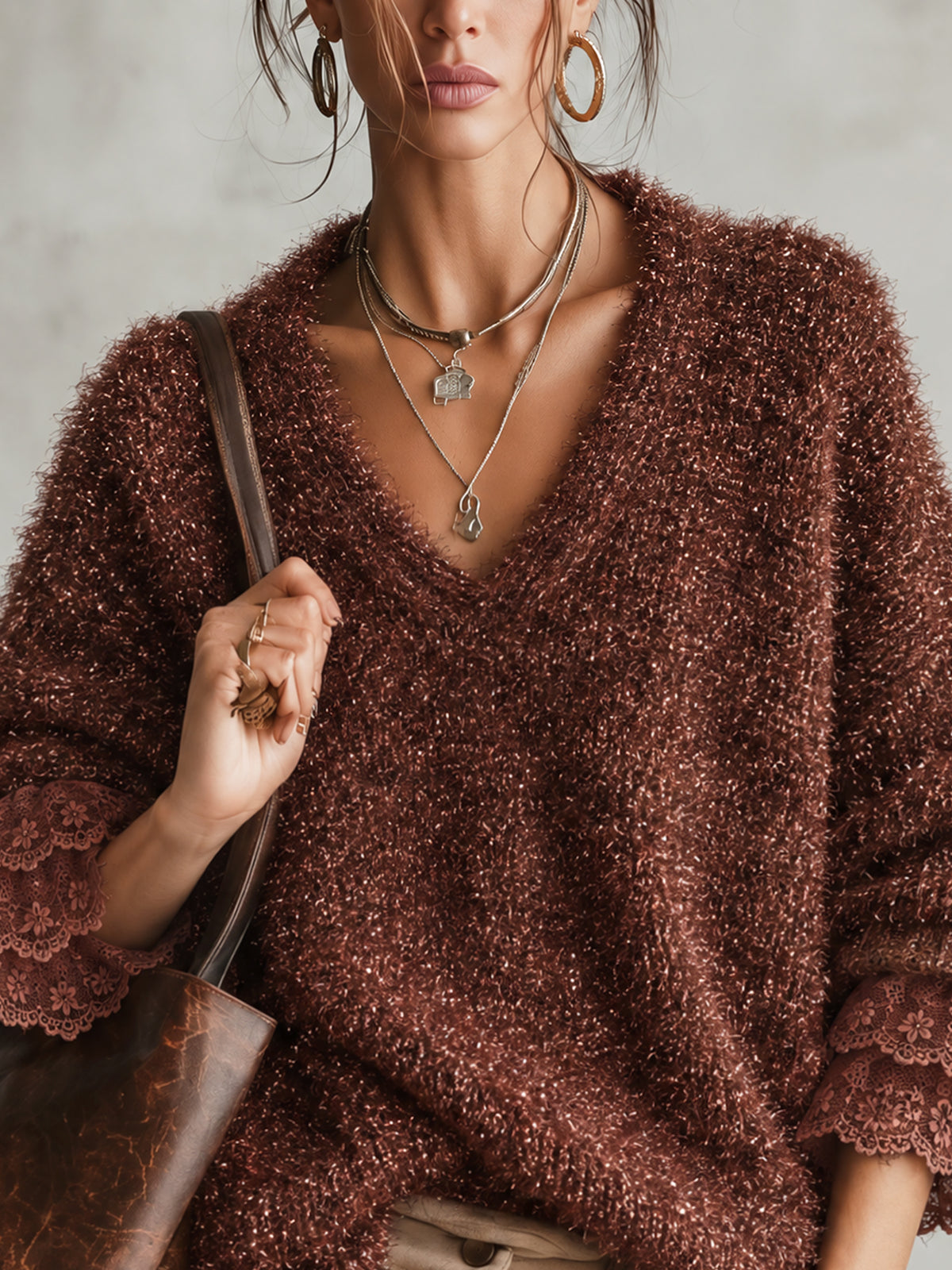 Brown Sparkle Fuzzy Knit Oversized Lace Cuff Sweater