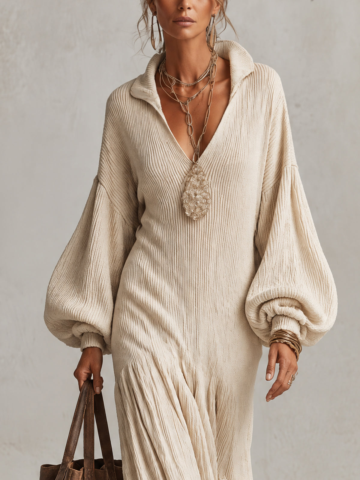 Ivory Ribbed Crinkle Knit Balloon Sleeve Maxi Dress