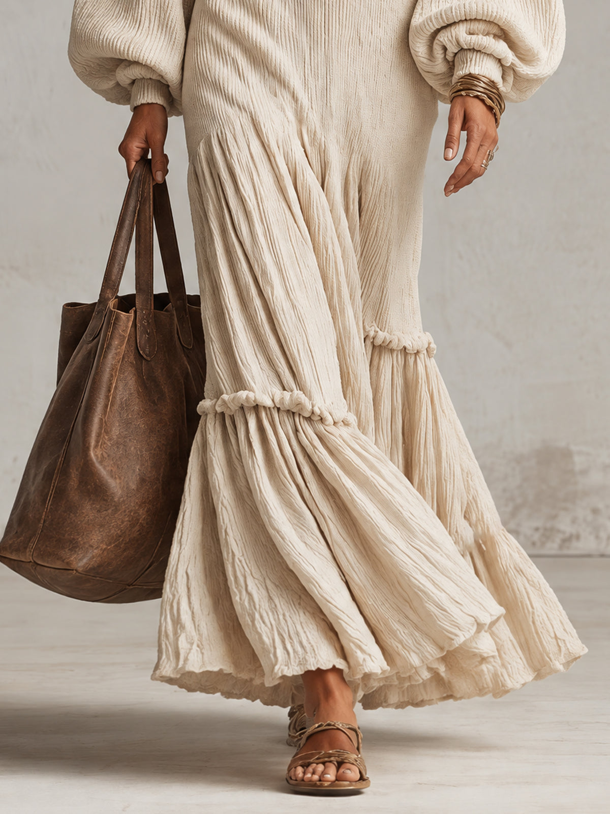 Ivory Ribbed Crinkle Knit Balloon Sleeve Maxi Dress