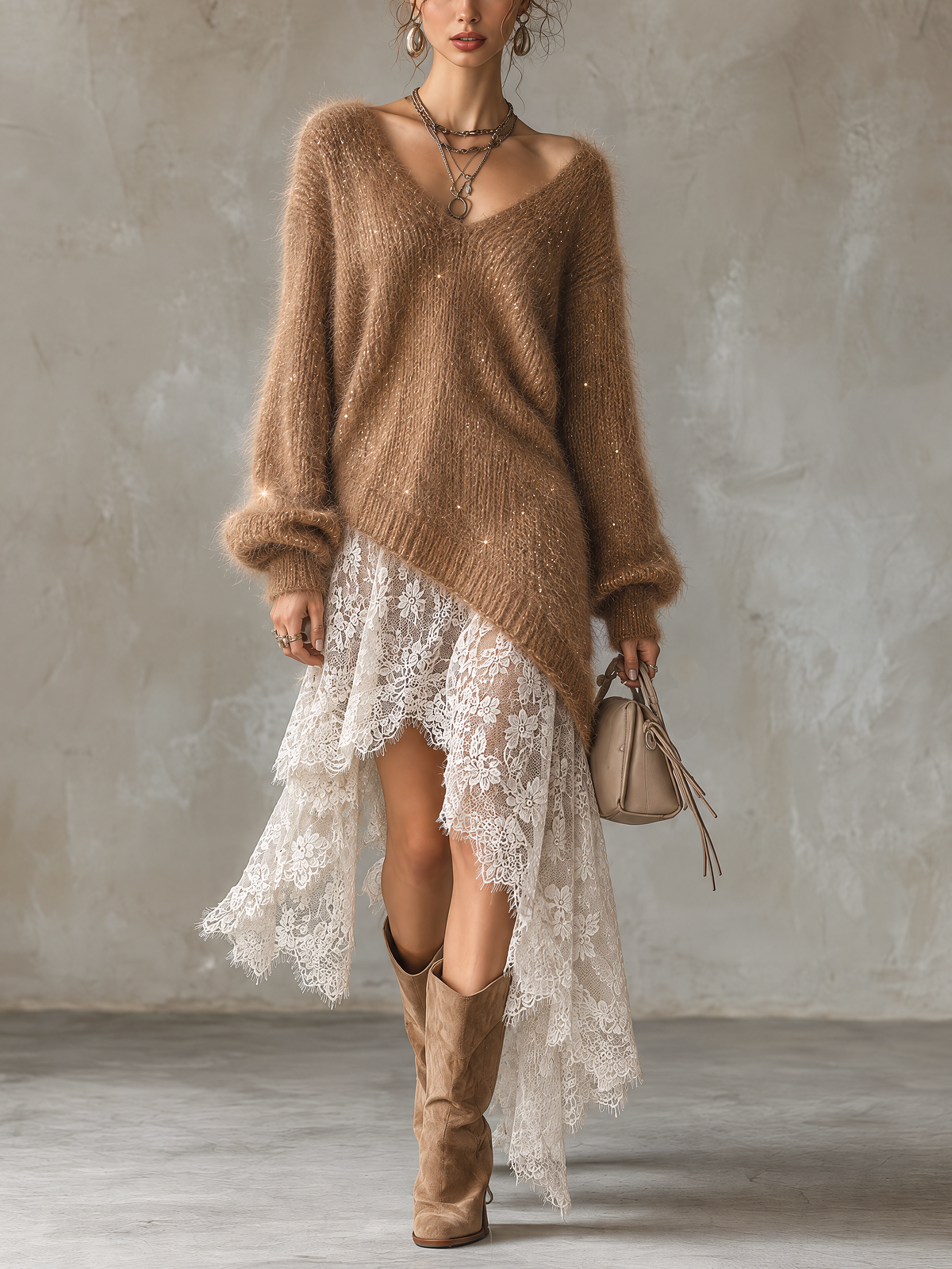 Brown Sequin Mohair V-Neck Midi Dress With Lace Asymmetrical Hem