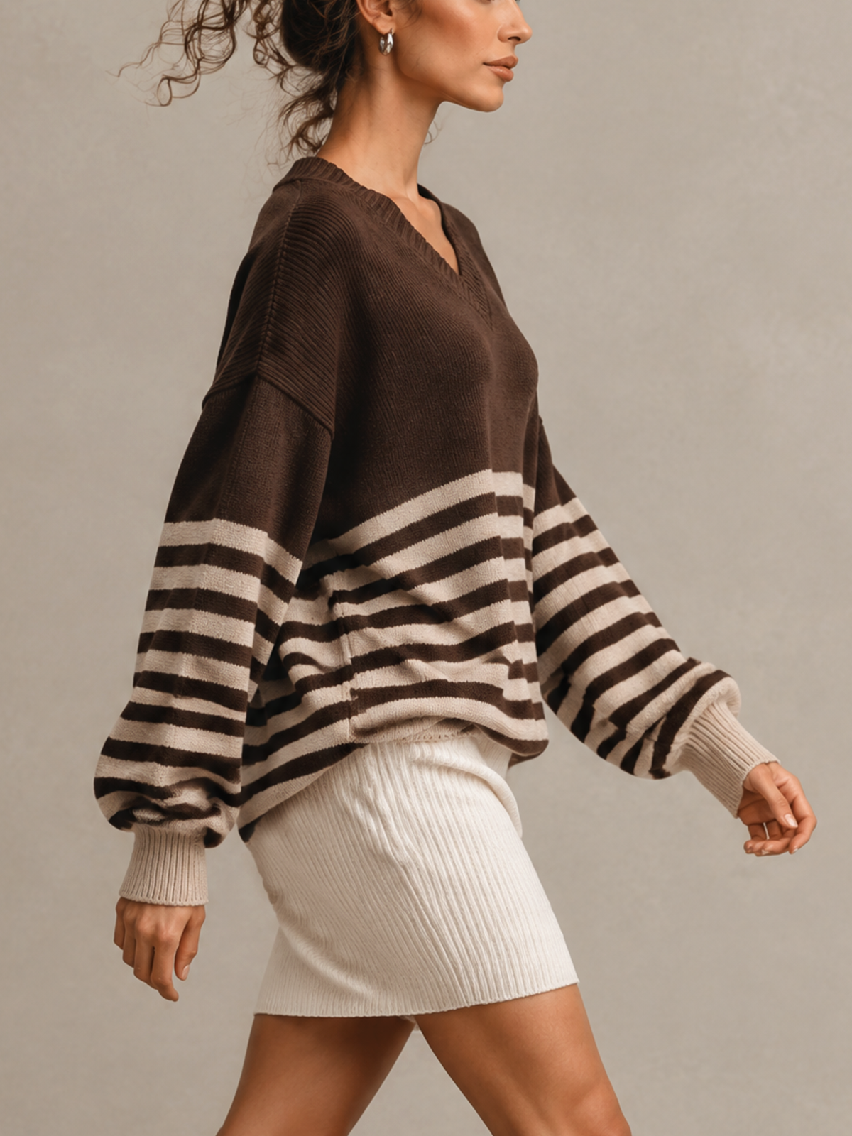Brown Striped V-Neck Oversized Knit Mini Dress
