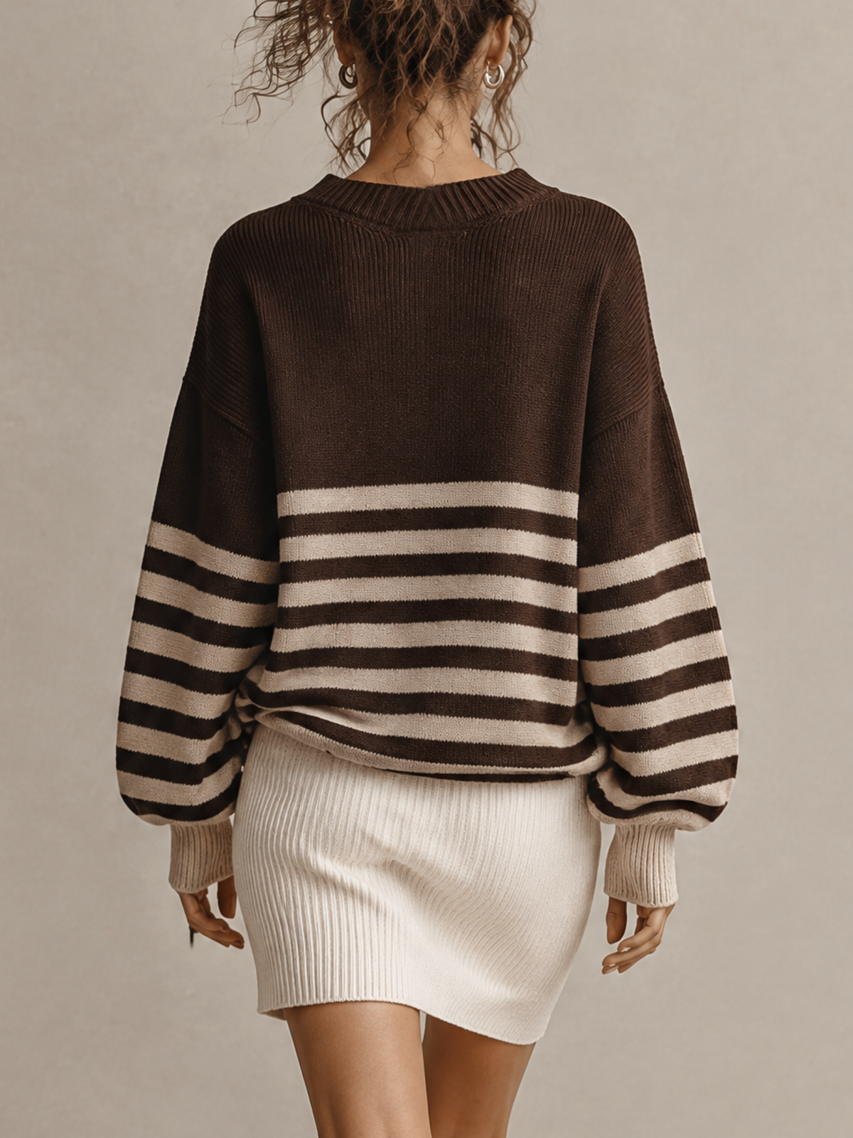 Brown Striped V-Neck Oversized Knit Mini Dress