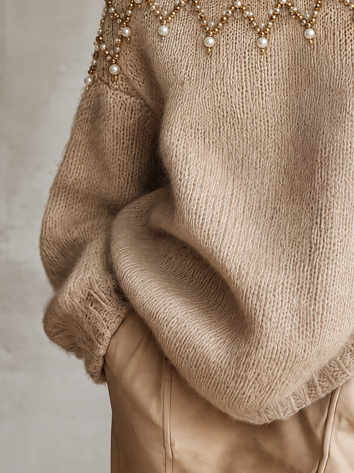 Beige Oversized Turtleneck Sweater With Pearl And Bead Embellishment