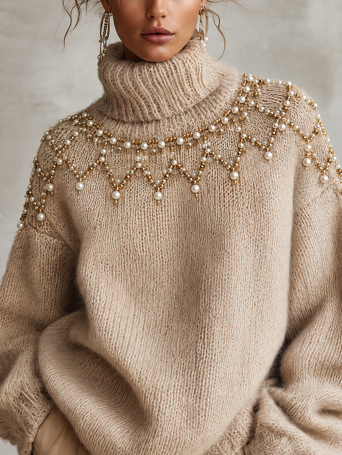 Beige Oversized Turtleneck Sweater With Pearl And Bead Embellishment