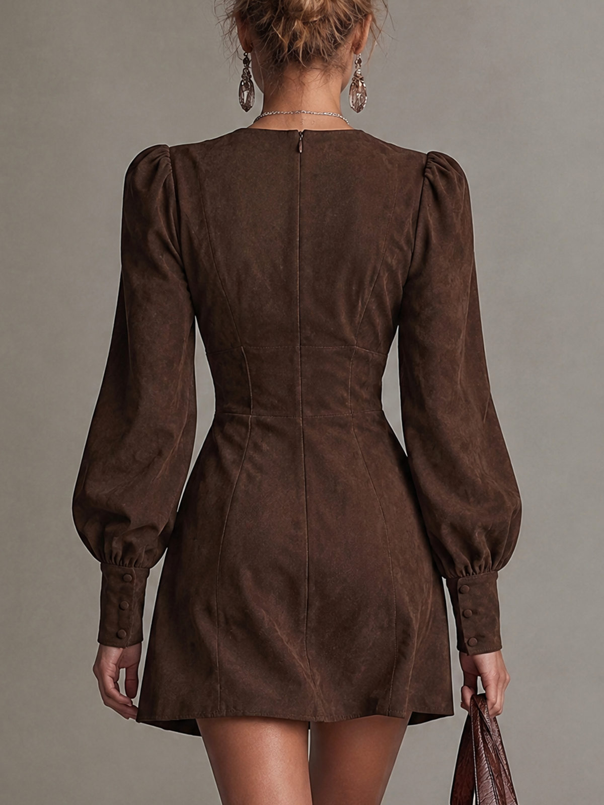 Brown Faux Suede Deep V-Neck Puff Sleeve Mini Dress